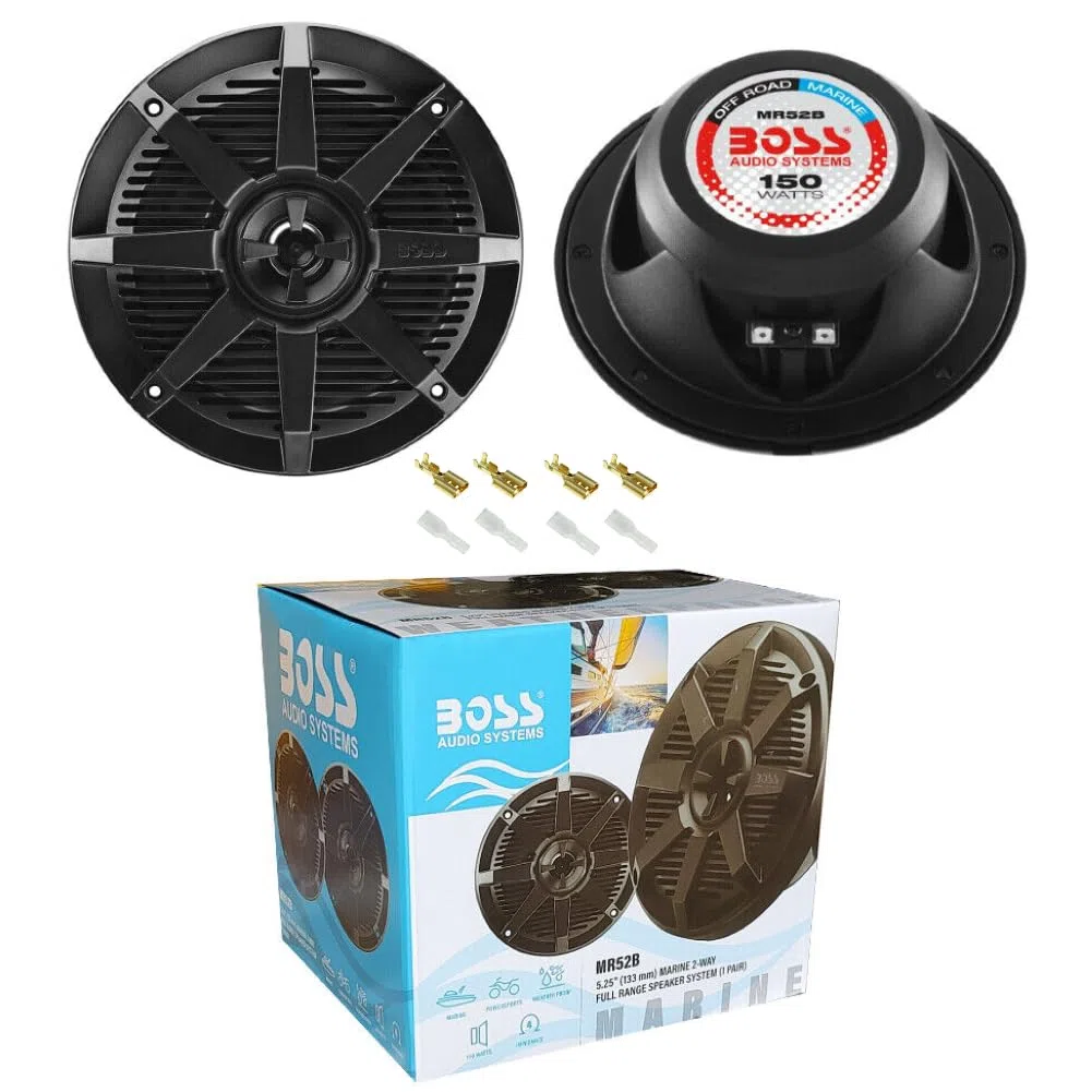 KIT Set pour Boss Audio Systems MR52B 2 Enceintes Marines 2 Voies Noires 5,25" 13 cm 130 mm 75 Watt rms 150 Watt Max étanche mer Piscine Bateau hôtel, la Paire + faston de Fixation