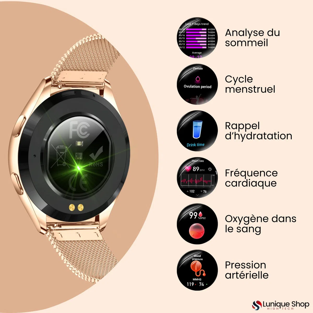 LSWATCH V2 Montre Connectée Femme avec Appel Bluetooth 1.6"- Smartwatch Oxygene Sanguin Tension Fréquence Cardiaque Podomètre Sommeil Météo 2 Bracelets Intelligent iOS Android +100 Sport