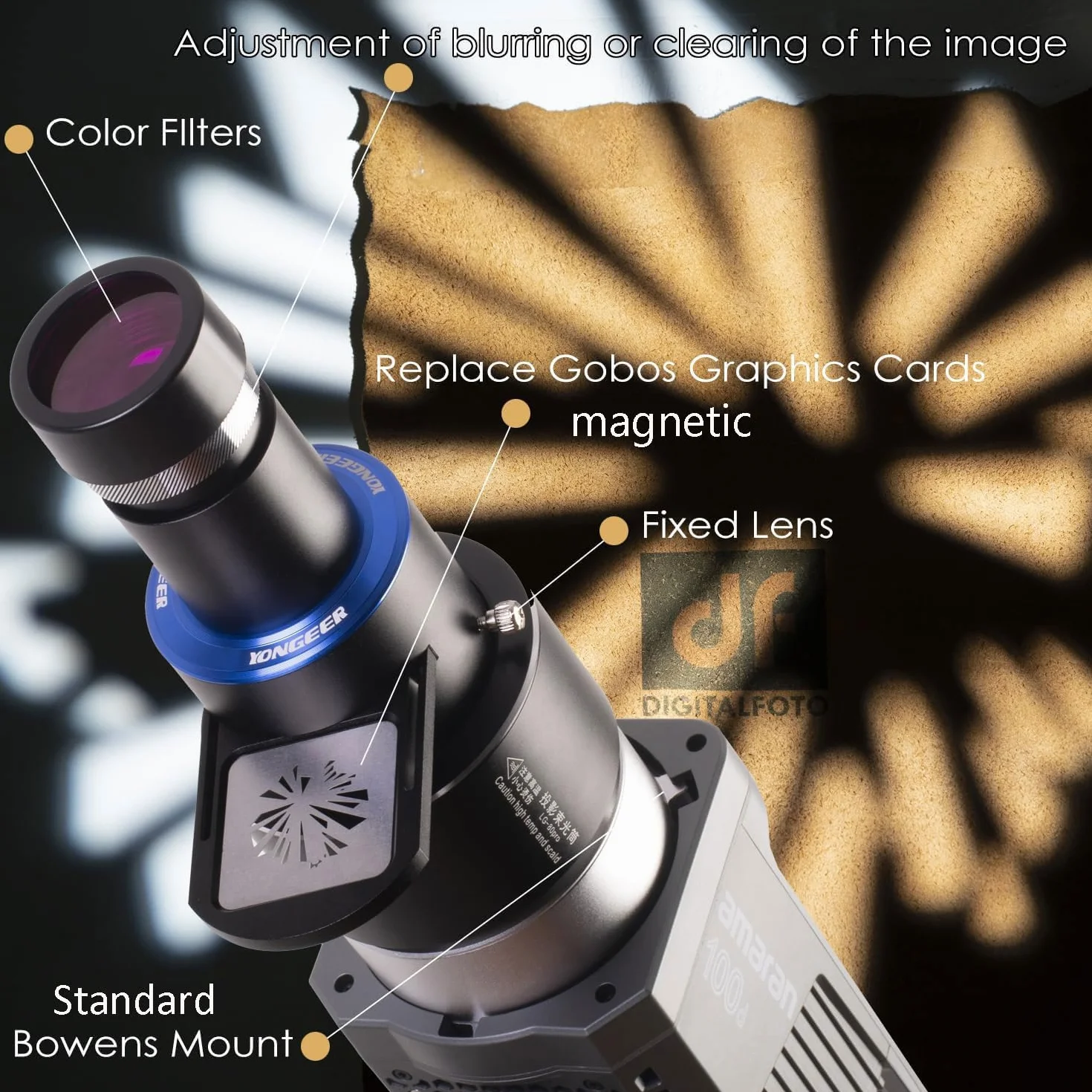 DF DIGITALFOTO Snoot Optique Bowens Monture, 25 gobos, Accessoire de Projection pour Projecteur de Photographie, Compatible avec Aputure Amaran 100X/D 200D/X, Godox SL60 pour Portrait, Focalisable