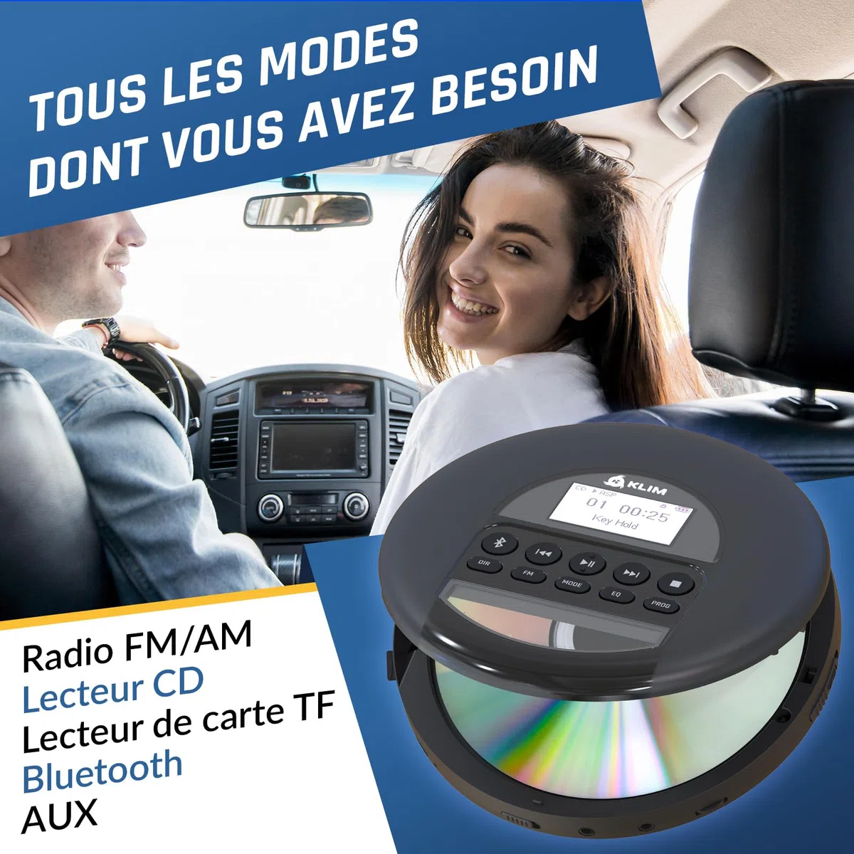 Nomad Lecteur CD Portable Bluetooth - Batterie Longue Durée - avec Casque | Écouteurs Inclus, Double Port Audio, Carte TF, Radio FM, Protection Anti-Saut, Câble AUX Voiture - Noir