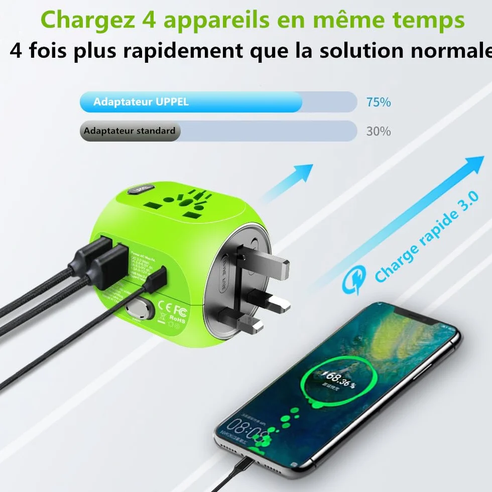 Adaptateur de Voyage Universel QC3.0 Charge Rapide USB 3.0 Type C US/EU/UK/AU