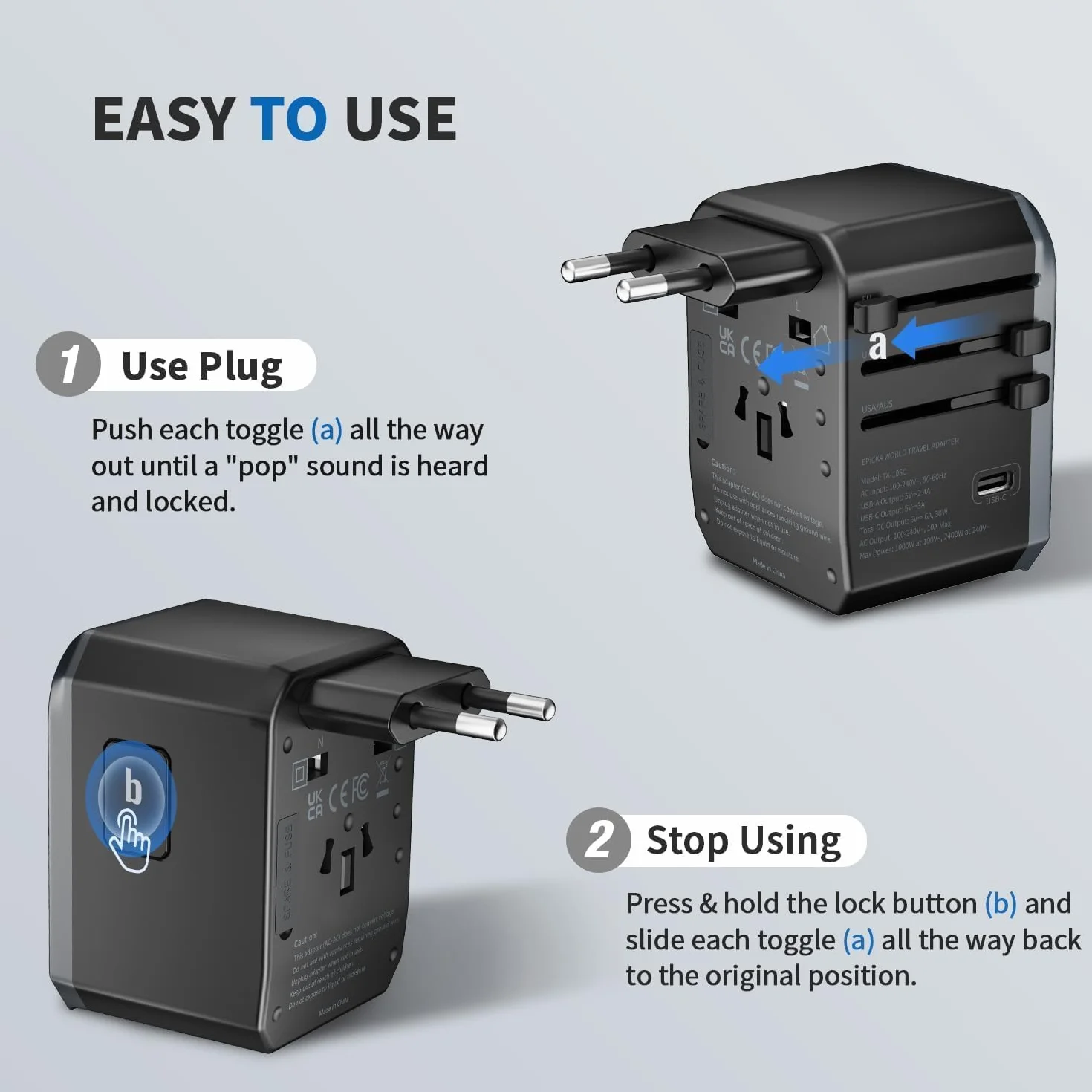 Adaptateur Prise Universelle de Voyage 30W, USB C, International USA Japon Canada UK Francais, Noir
