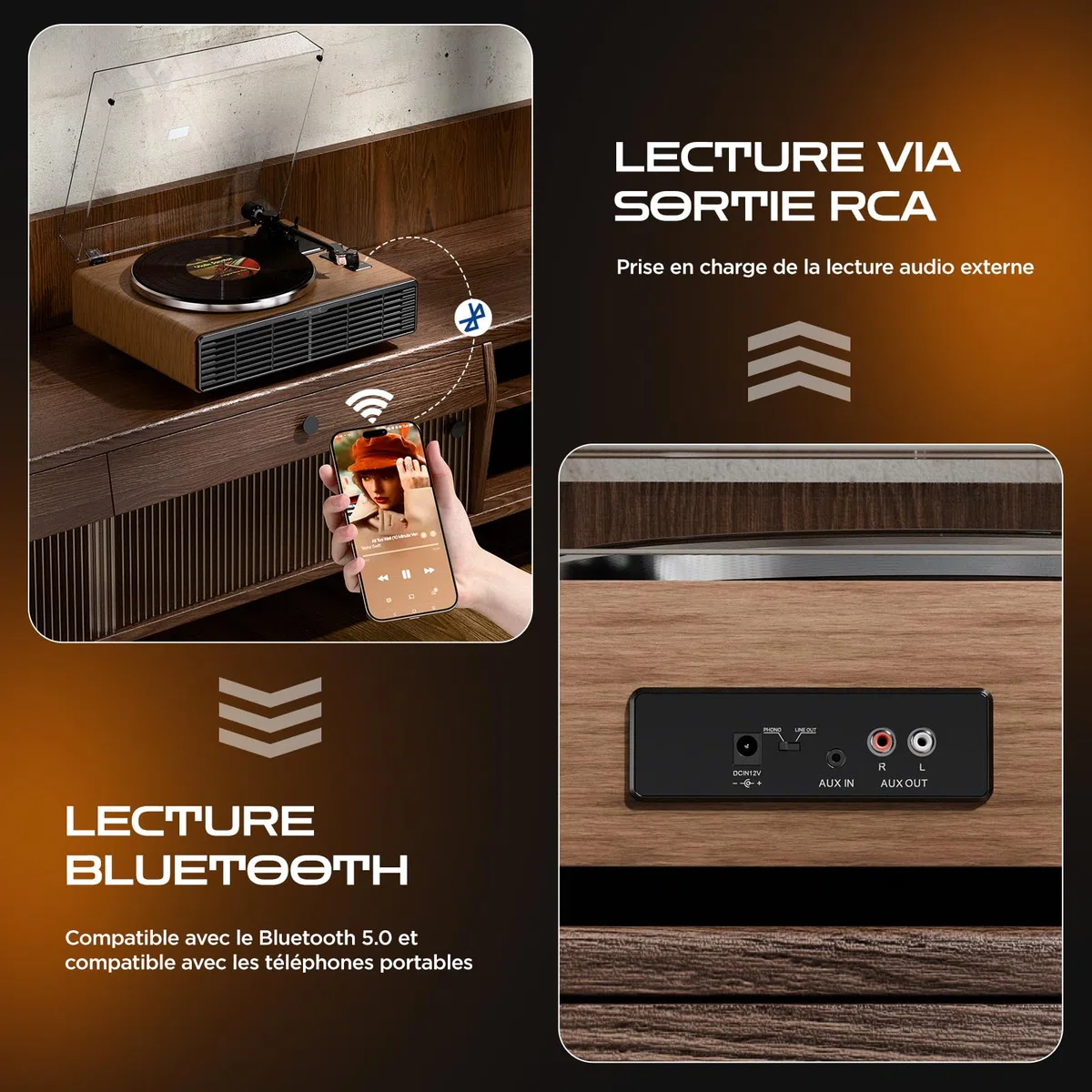 Platine Vinyle Tourne Disque Vinyle Bluetooth, Platines HiFi avec Haut-parleurs Intégrés, Préampli Phono, Cellule AT-3600L, 2 Vitesses 33/45 RPM, Tourne Disque Lecteur Vintage Turntable (Noyer)
