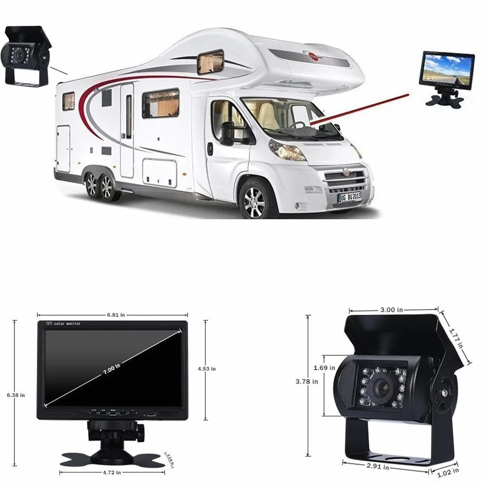 Voiture Camera de Recul 7 Pouces Couleur HD Ecran Moniteur,Vision Nocturne | Camera de recul Camion, Etanche, câble vidéo de 10m, pour Caravane,Camping-Car, Remorque Utilitaire 12V-24V