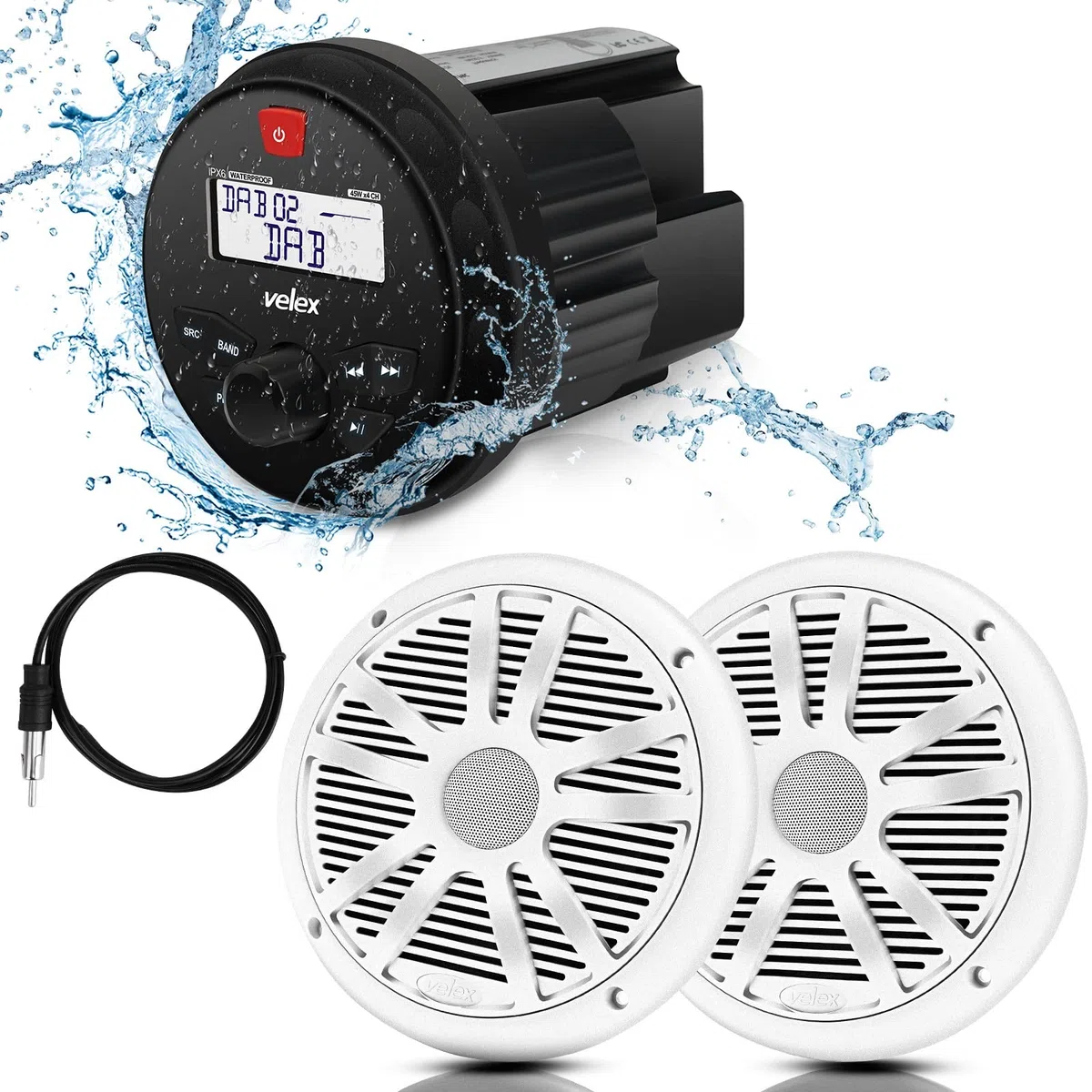 Vélex Récepteur stéréo étanche Bluetooth marine avec lecteur MP3, DAB+/AM/FM et USB pour streaming de musique sur bateau, golf carts, ATV/UTV et spa/hot tubs