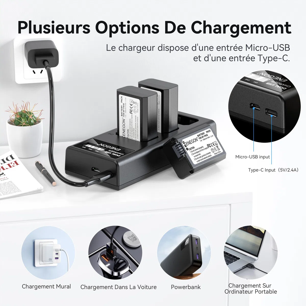 ENEGON NP-FW50 Lot de 3 batteries 1300 mAh et chargeur LCD 3 baies pour Sony Alpha A6000 A6300 A6400 A6500 ZV-E10 7RM2 A7SM2 A7M2 A7 II A7R II A7S II A5000 A5100 A5100 3000 g. RX10 II III IV NEX-3/5