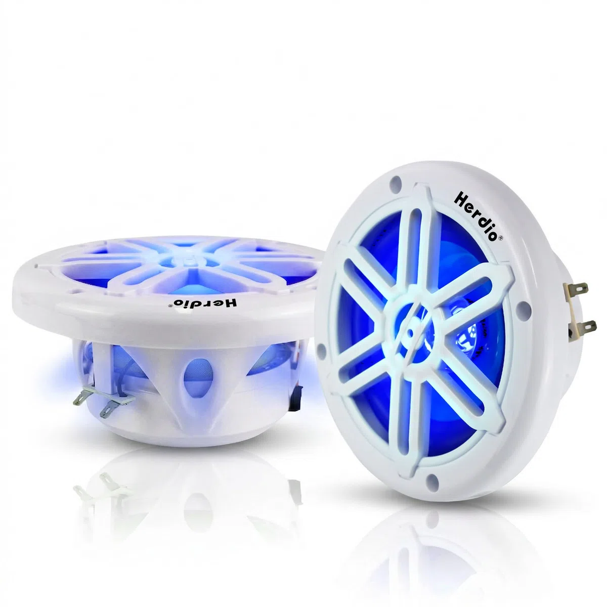 Herdio 6.5" 350W Marine Speakers - IP66 Waterproof Coaxial Audio, with Blue LED Light for Boats, ATVs, UTVs with UV Resistant White Grille (A Pair)