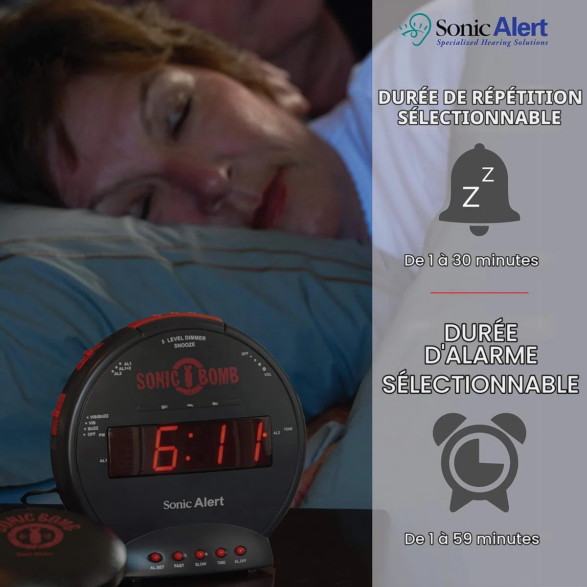 Geemarc Sonic Bomb - Réveil avec Alarme Super Puissante, Coussin Vibrant et Fonction Répétition de Sonnerie - Pour les Personnes Malentendantes et les Gros Dormeurs - Version FR
