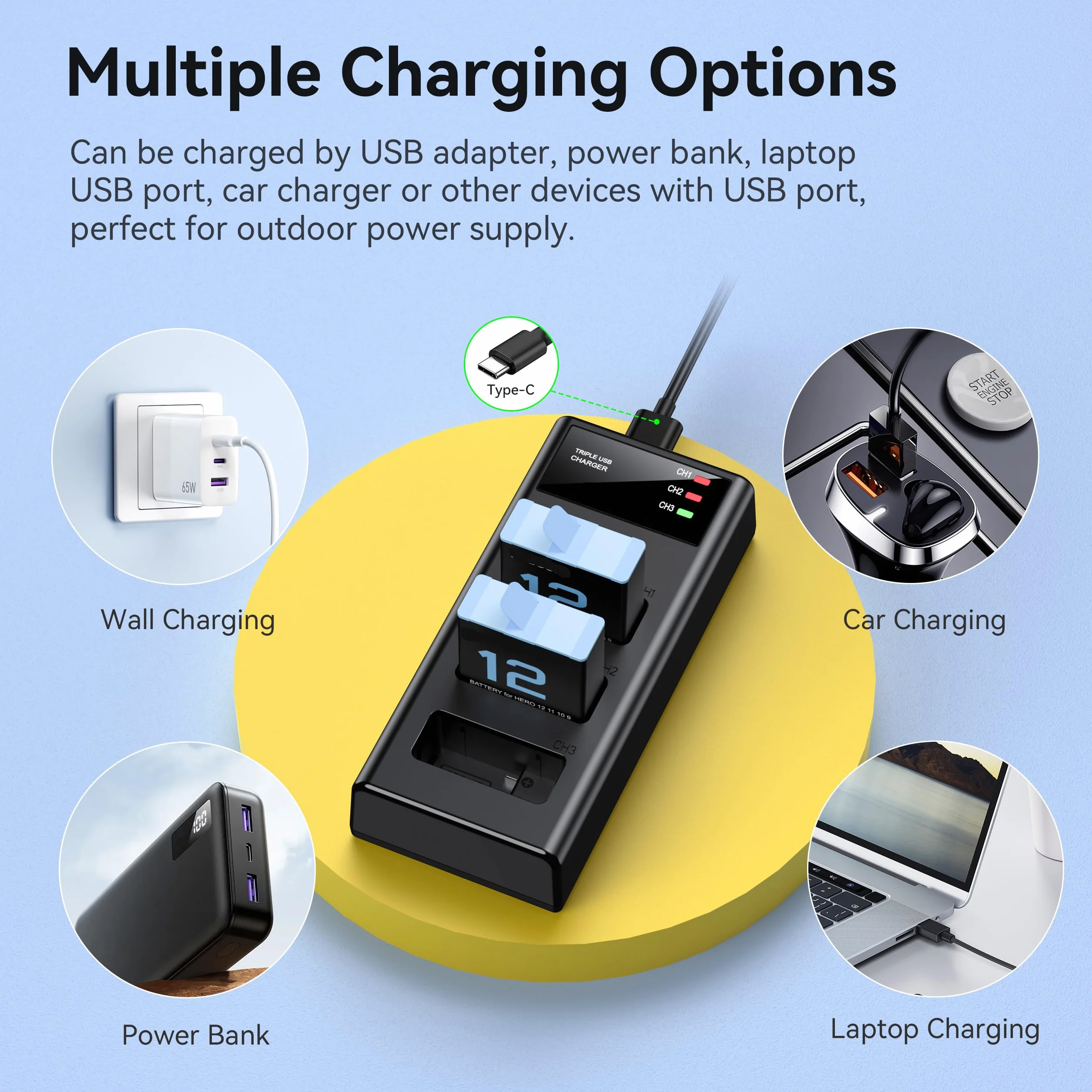 ENEGON Triple Chargeur Kit 2 Batteries Lithium-ION pour Hero 12/11/10/9 Noir