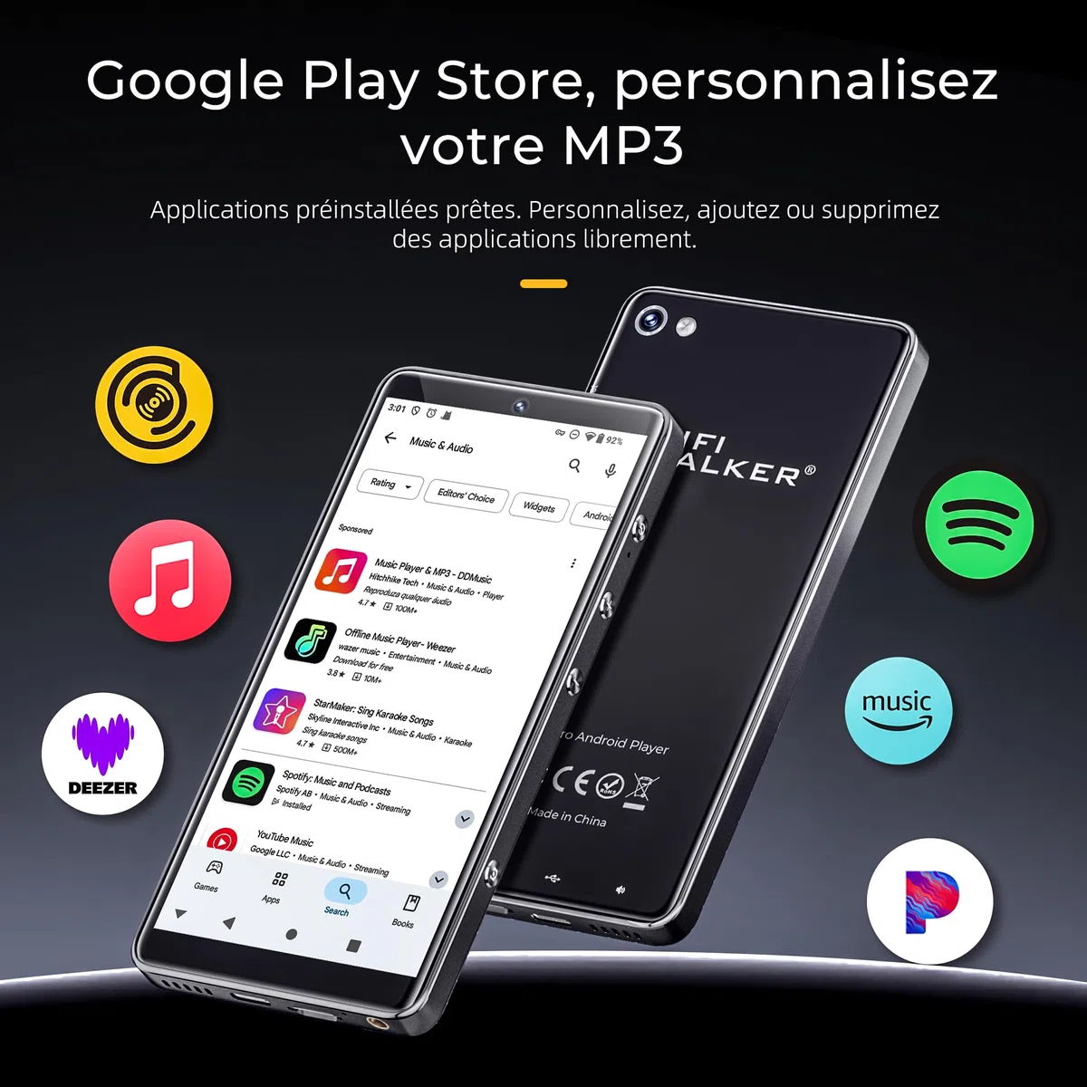 HIFI WALKER G7 Pro Baladeur MP3 Android 13 avec WiFi et Bluetooth, Écran Tactile HD 5,2", 3 Go RAM 32 Go,Stockage Extensible