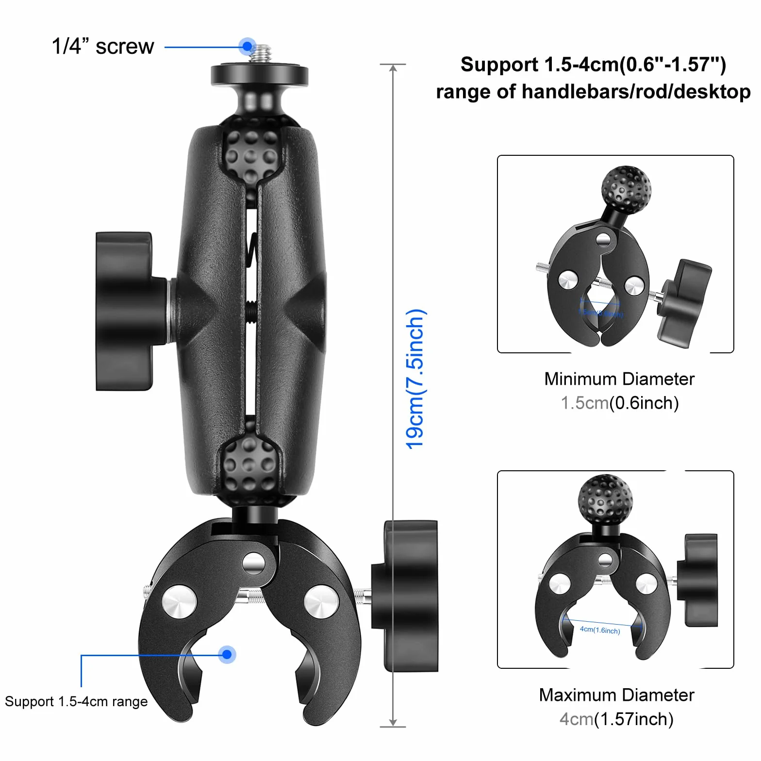 Super Clamp Crabe Action Camera Moto Guidon Support Fixe 360° Rotation Rotule Tête Boule Filetage 1/4" pour Caméra Studio Trépied Compatible Gopro Insta360 X5 X4 X3 OSMO