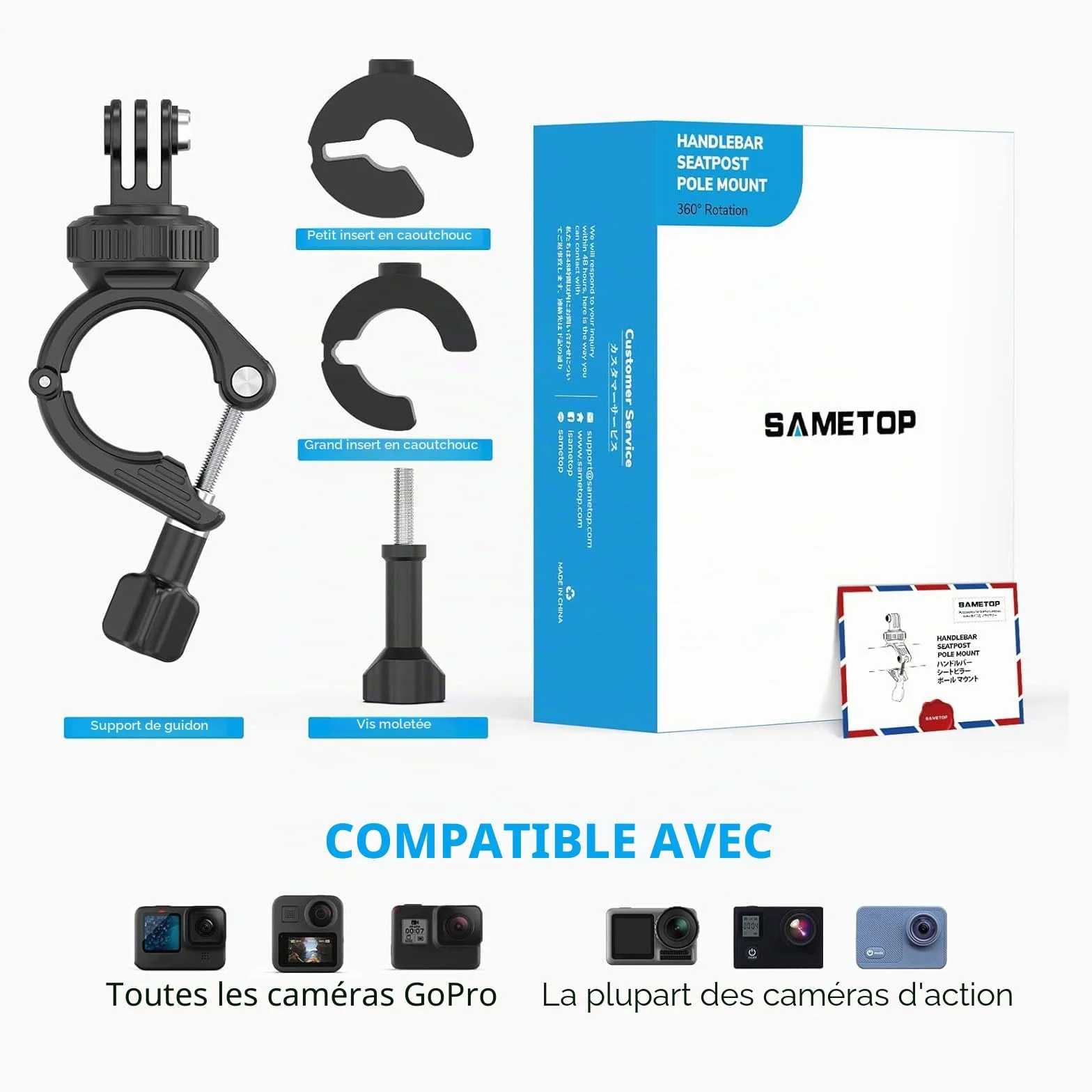 Support de Pince Tube Fixation pour GoPro Hero 13 12 11 10 9 8 7 6 5 Session DJI Caméras d'action - Pivote à 360