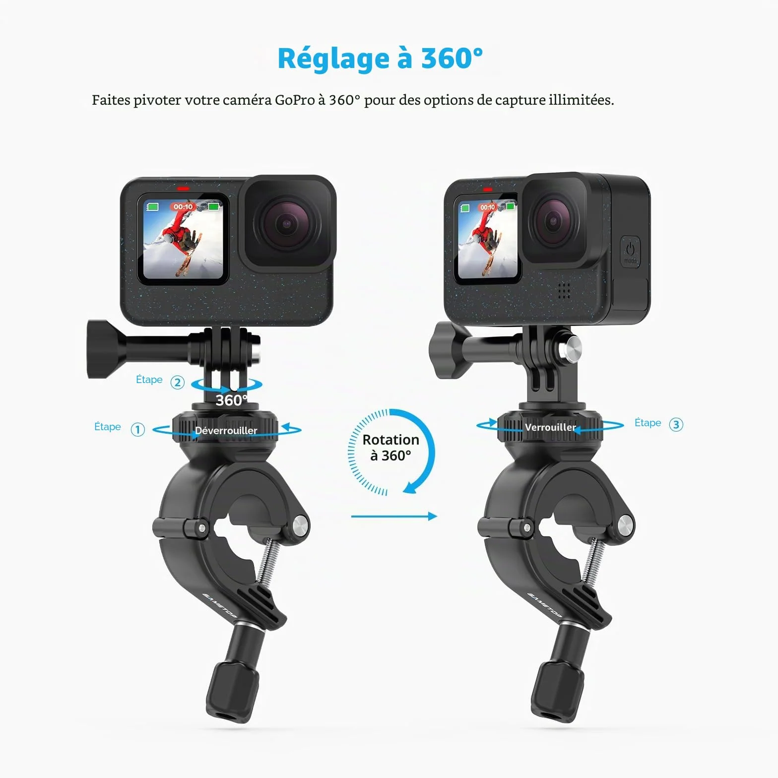 Support de Pince Tube Fixation pour GoPro Hero 13 12 11 10 9 8 7 6 5 Session DJI Caméras d'action - Pivote à 360