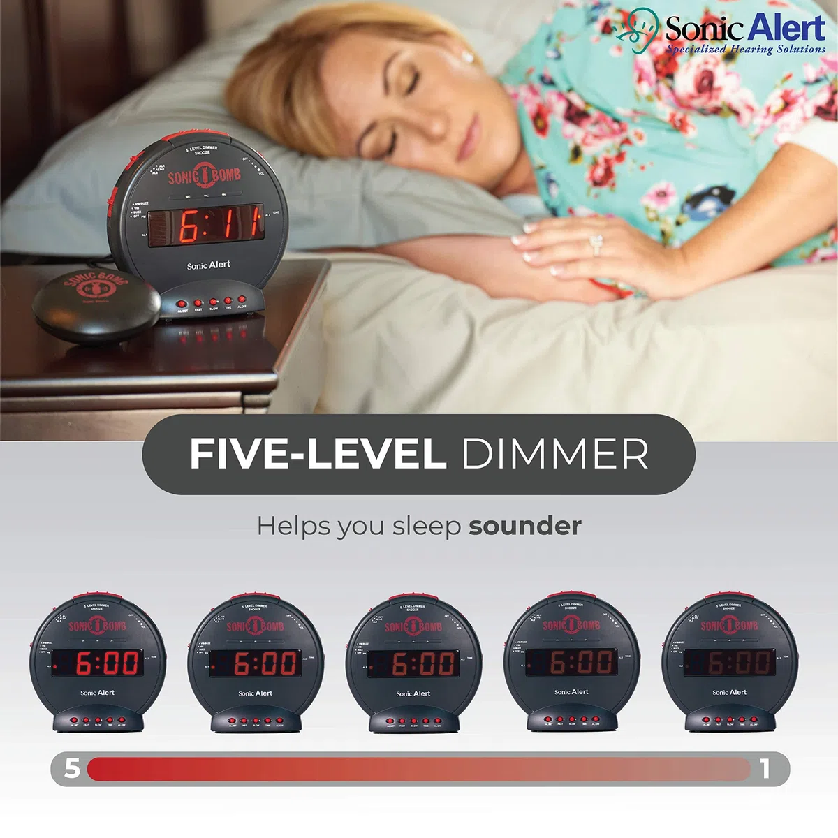 Geemarc Sonic Bomb - Réveil avec Alarme Super Puissante, Coussin Vibrant et Fonction Répétition de Sonnerie - Pour les Personnes Malentendantes et les Gros Dormeurs - Version FR