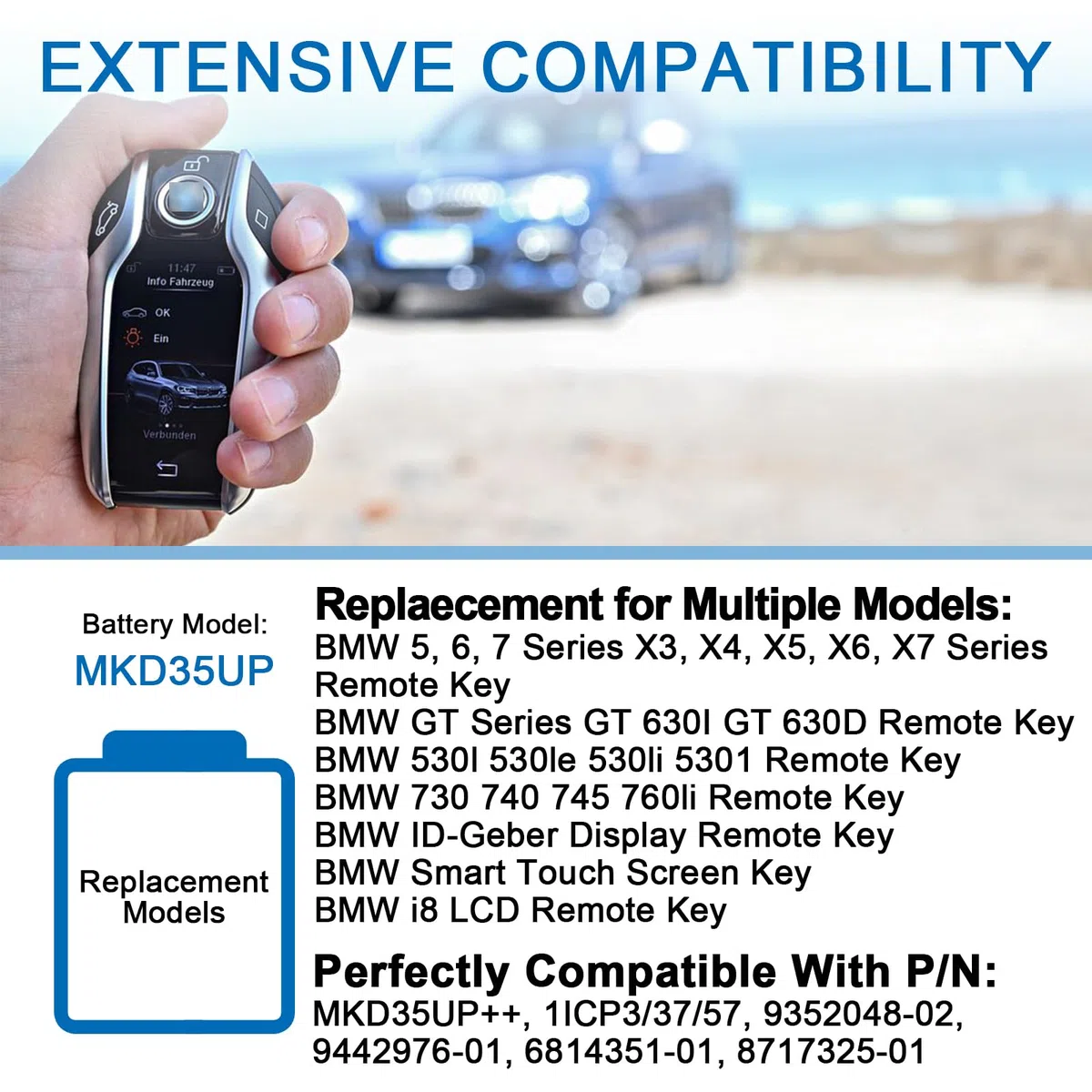 MKD35UP Batterie de rechange pour clé à distance BMW 5 6 X3 X5 X6 Series, 530le 530li 5301 730 740 745 760li i8 LCD Remote Key, GT 630I/630D Écran de donneur d'identification 3,7 V 1ICP3/3 7/57
