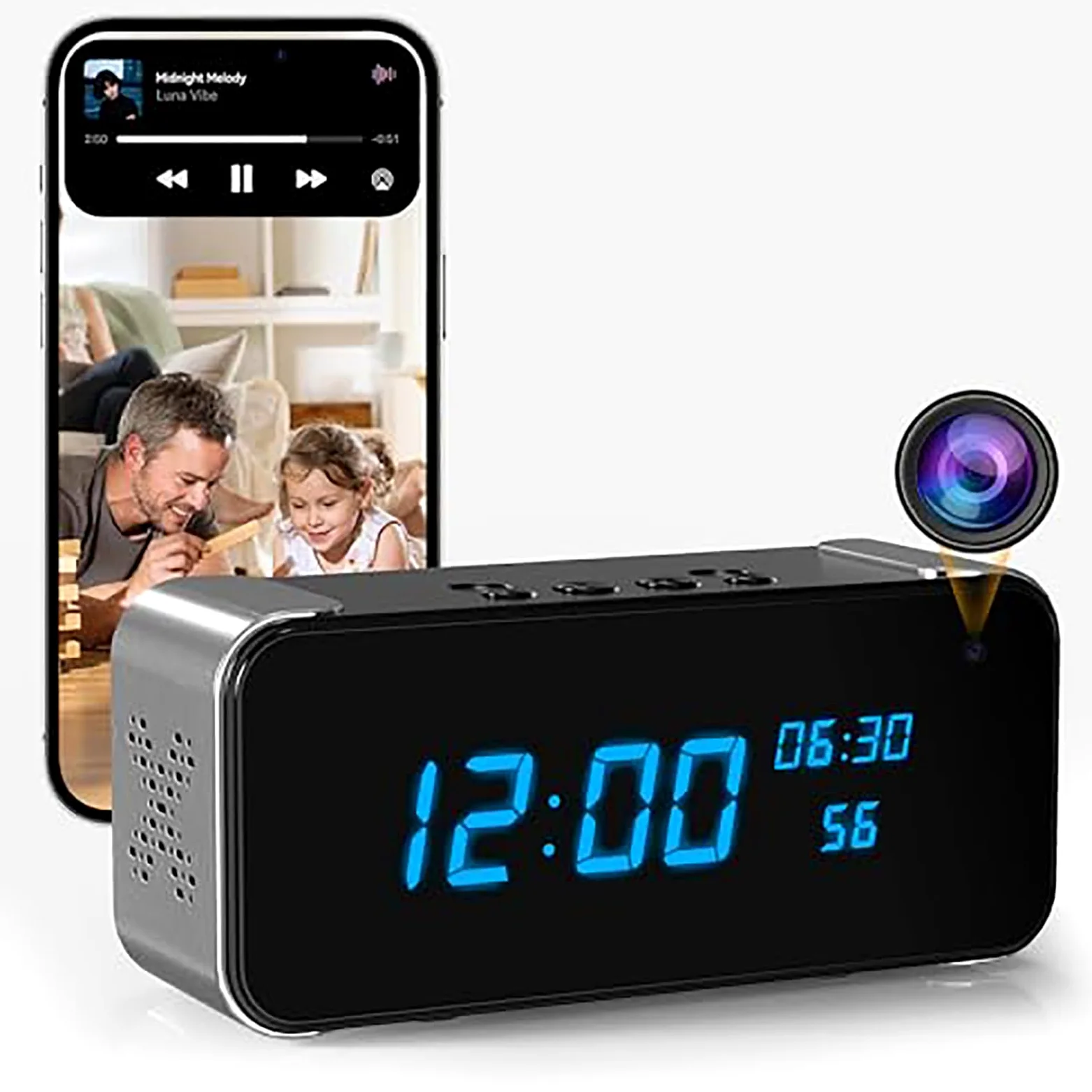 Camera Espion Réveil WiFi 4K Discret sans Fil | mini camera espion sans fil, lecteur Bluetooth, vision infrarouge, détection mouvement BT, mini camera, accès distant app