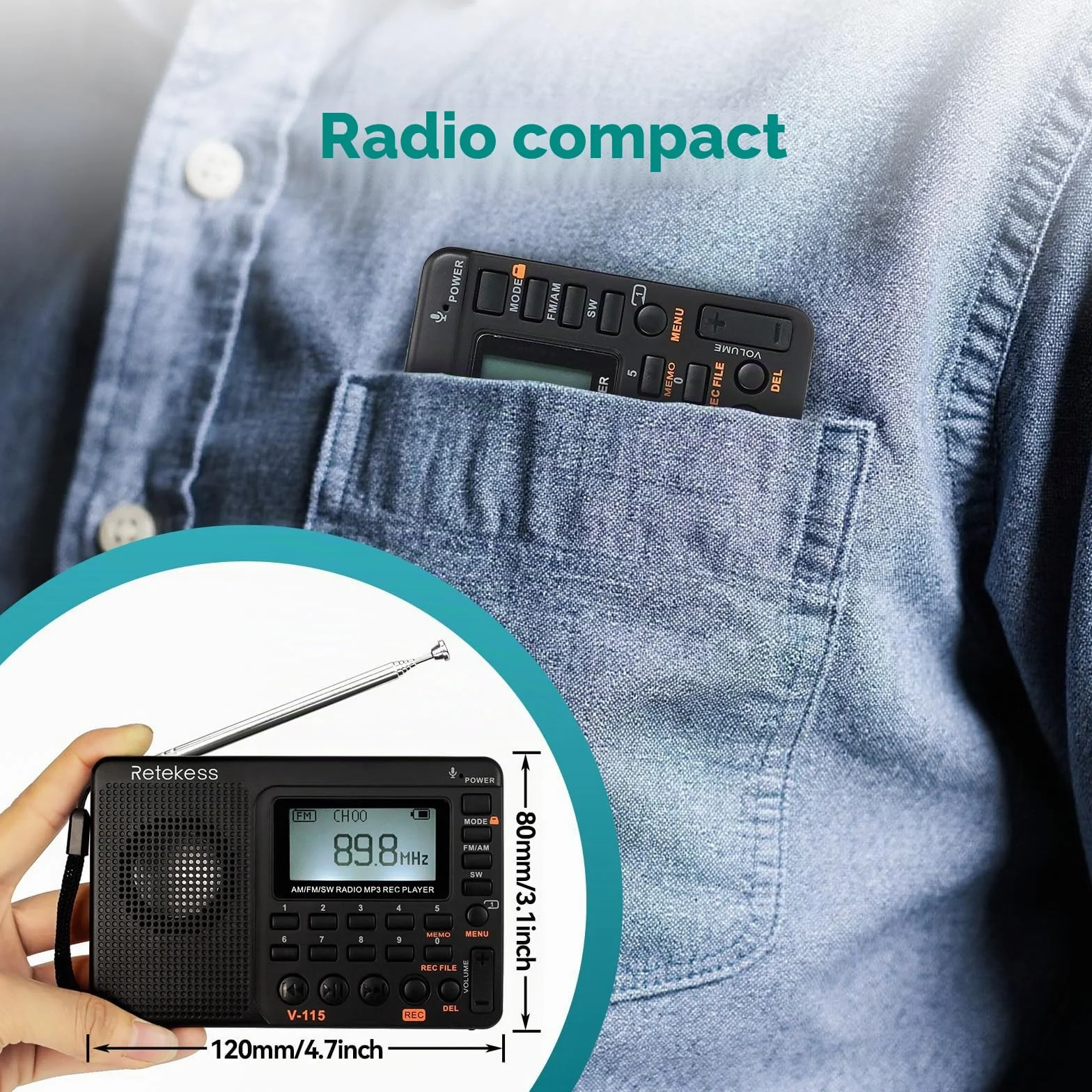Retekess V115 Radio Portable FM AM SW Rechargeable Piles Secteur Carte TF Enregistreur MP3 Noir