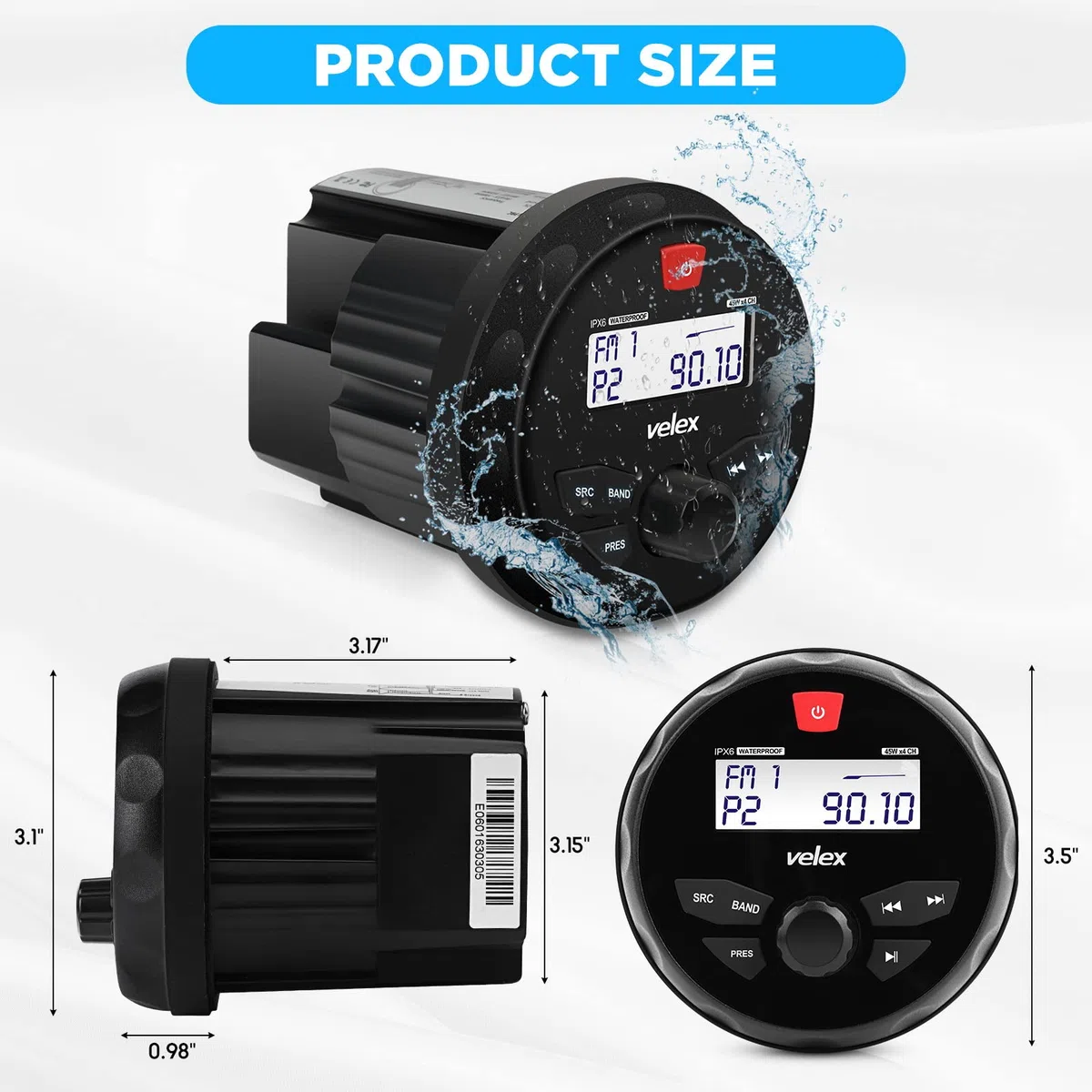 Vélex Récepteur stéréo étanche Bluetooth marine avec lecteur MP3, DAB+/AM/FM et USB pour streaming de musique sur bateau, golf carts, ATV/UTV et spa/hot tubs