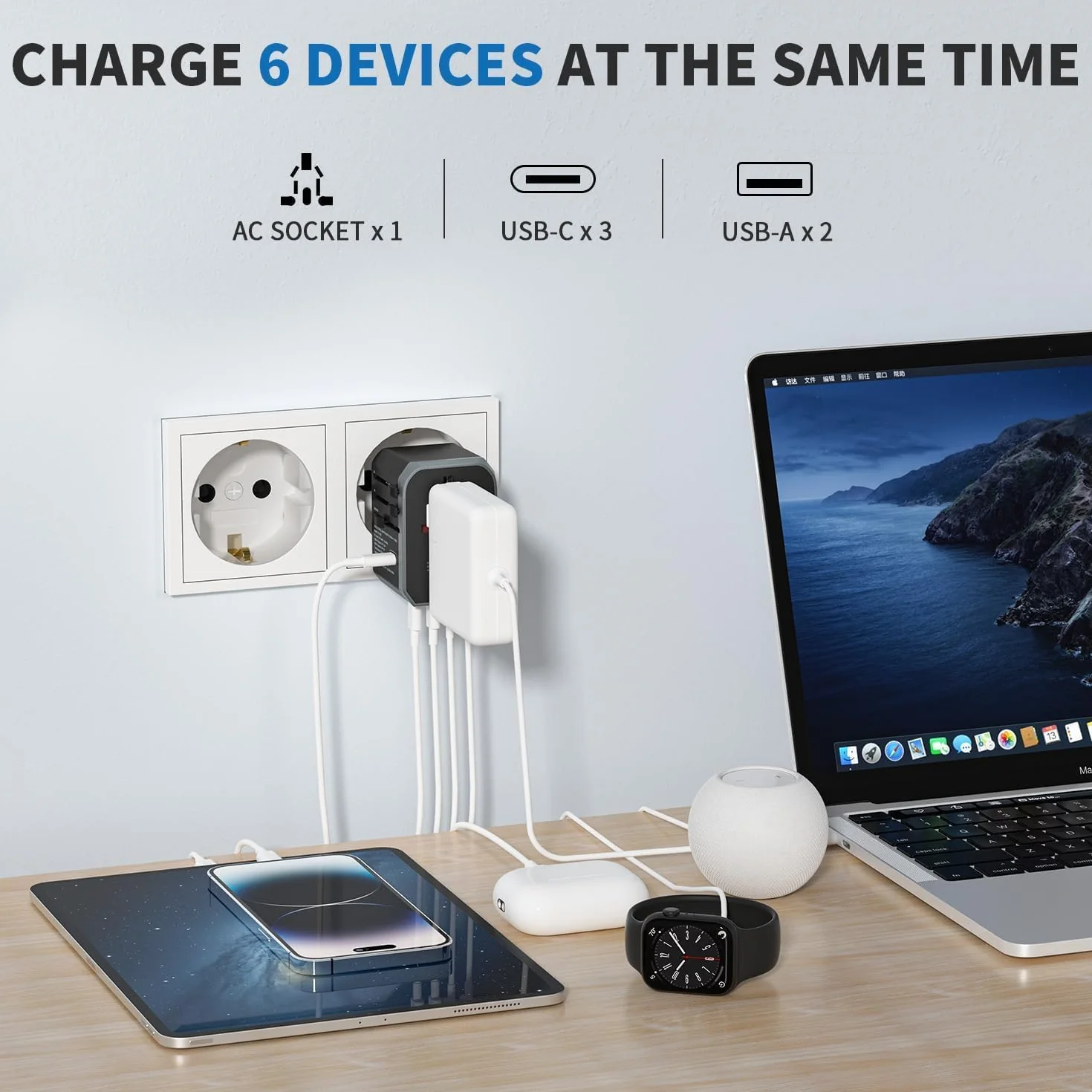 Adaptateur Prise Universelle de Voyage 30W, USB C, International USA Japon Canada UK Francais, Noir