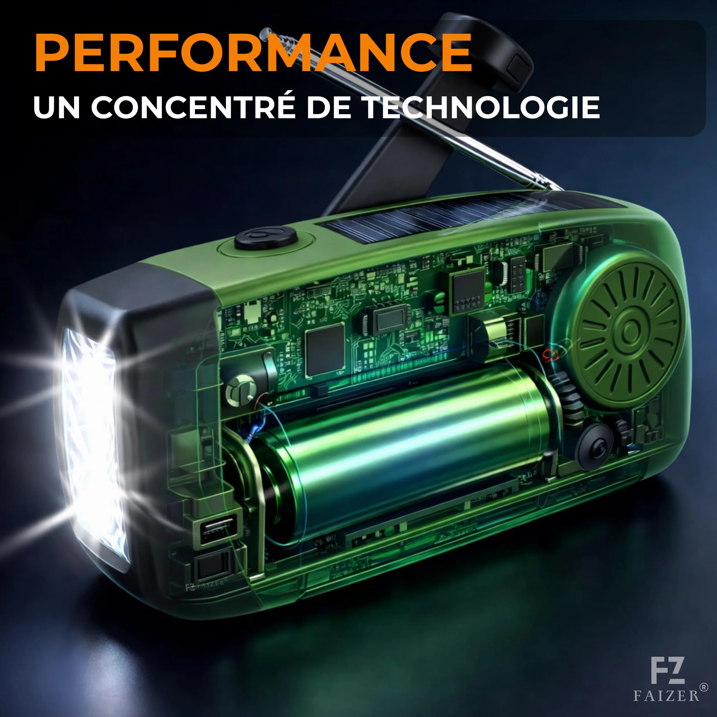 Radio Portable Urgence AM/FM/WB Auto-alimentée 2000mAh Dynamo Lampe SOS Powerbank Camping Randonnée Vert