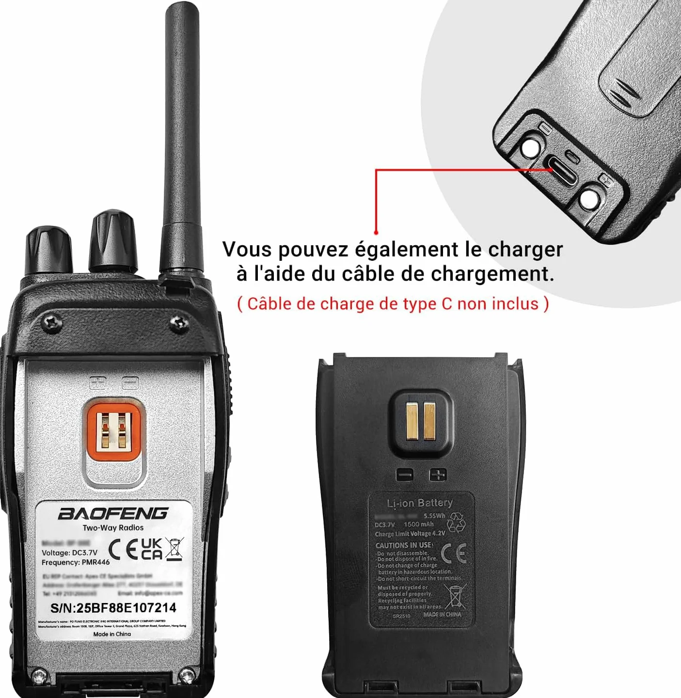 Talkie walkie Longue portée 888S Walkie Talkies Vox Rechargeable PMR 446 MHz 16 Canaux Noir 2 Pièces