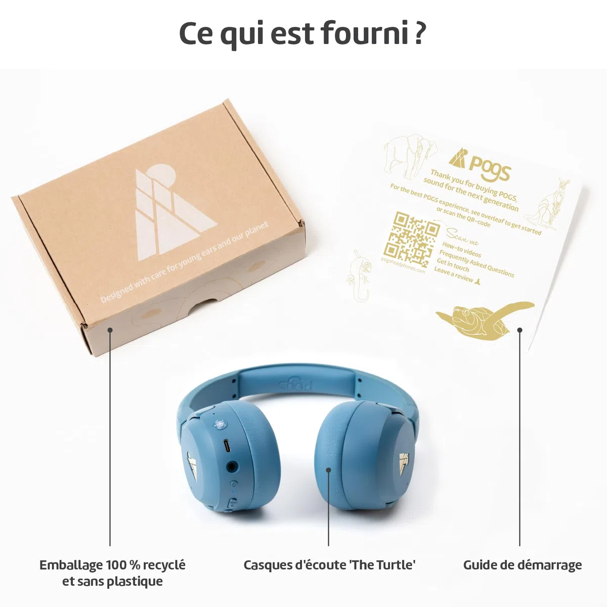 POGS La Tortue | Casque Audio Circum-auriculair sans Fil à réduction de Bruit | Casque Ajustable et Robuste | Limite de Volume à 85 DB, Microphone | Fonction de Partage de Musique sans Fil (rBleu)