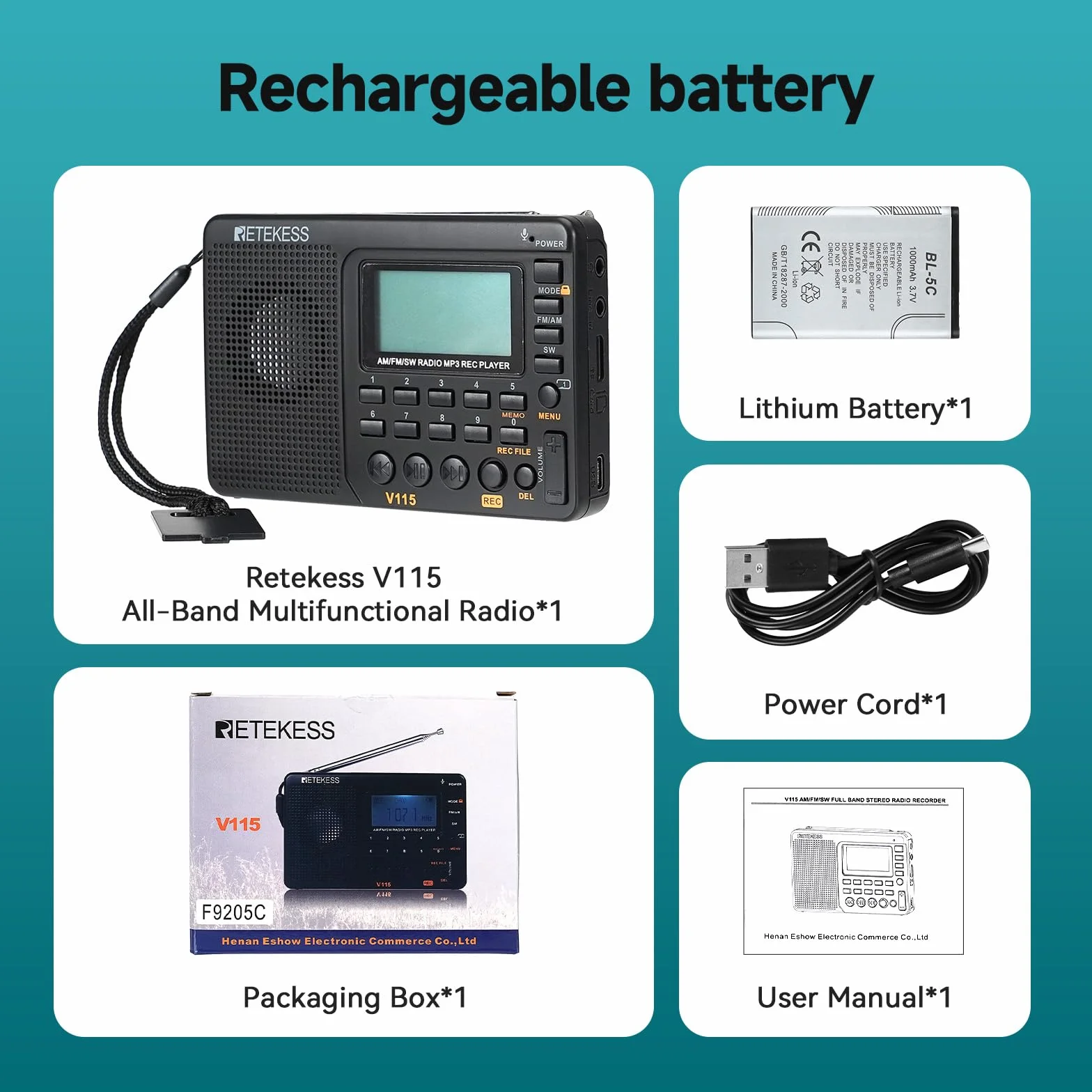 Retekess V115 Radio Portable FM AM SW Rechargeable Piles Secteur Carte TF Enregistreur MP3 Noir