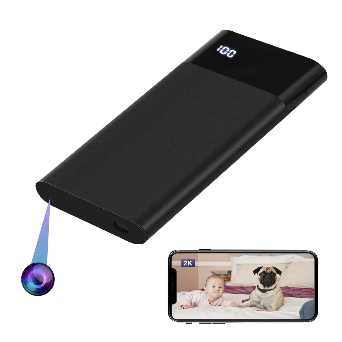 WIWACAM MW8 Caméra Espion WiFi 2K Ultra HD Camera sans Fil, 5000mAh Batterie, Détection de Mouvement Intelligente, Alarme sur Téléphone Portable, Vision Nocturne, Alarme par e-Mail,Noir