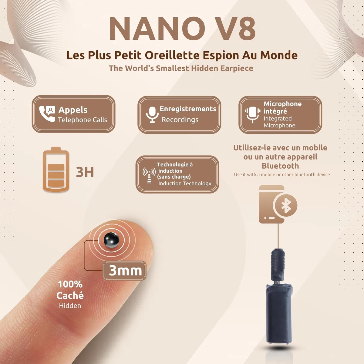 PingaOculto Oreillette Bluetooth Compact Rechargeable sans Câbles (Nano V8) | Microphone intégré, Appels et enregistrements, Oreillette sans fil, Format mini, Casque compact, Appels mobiles