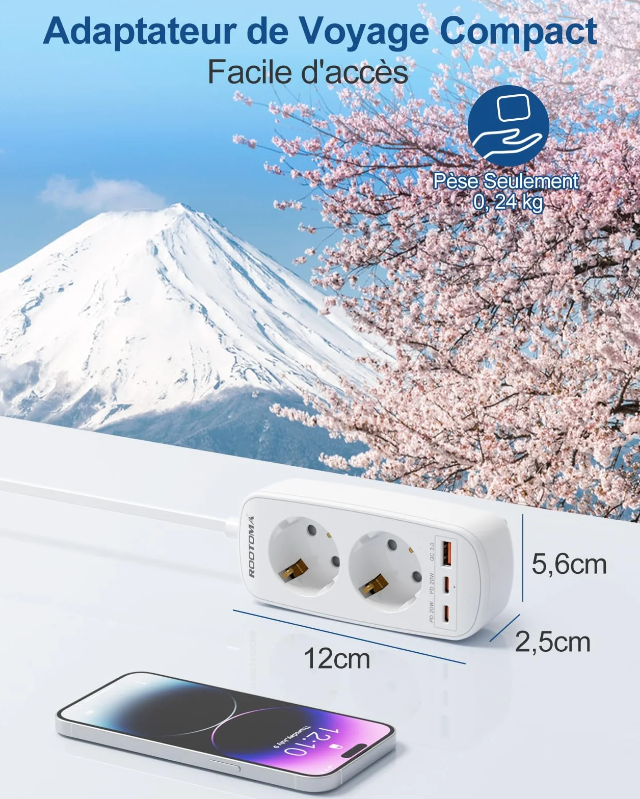 Adaptateur Prise Japon 5 en 1 avec 3 USB PD20W QC3.0 Double Prise Type A 1.5M Câble