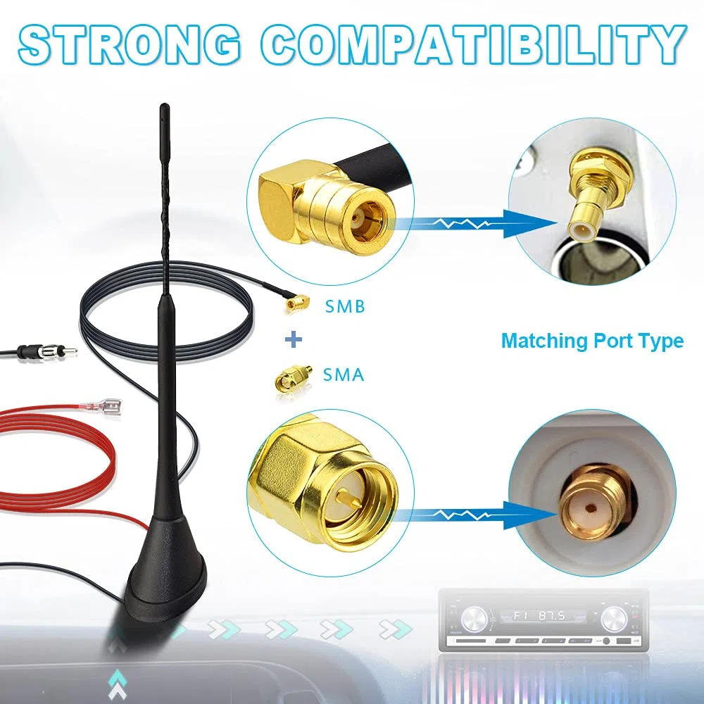 Eightwood Antenne Radio Toit Voiture Connecteur DIN SMB SMA Tige 23cm | Antenne combinée DAB/FM/AM Câble 5M avec Amplificateur de Signal Pour Pioneer Kenwood Caravane