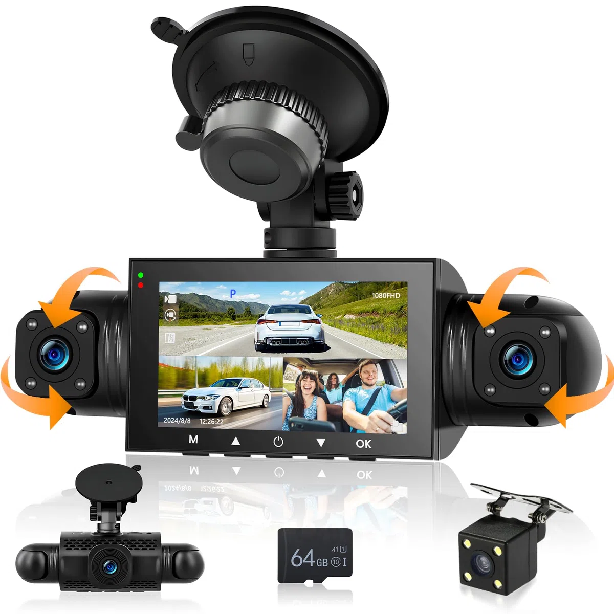 Podofo Mirror Dash Cam 4 Channel Front and Rear View Mirror Camera with 64GB Card, G-Sensor, Night Vision, 24H Parking Mode, Waterproof 1080P Camera
