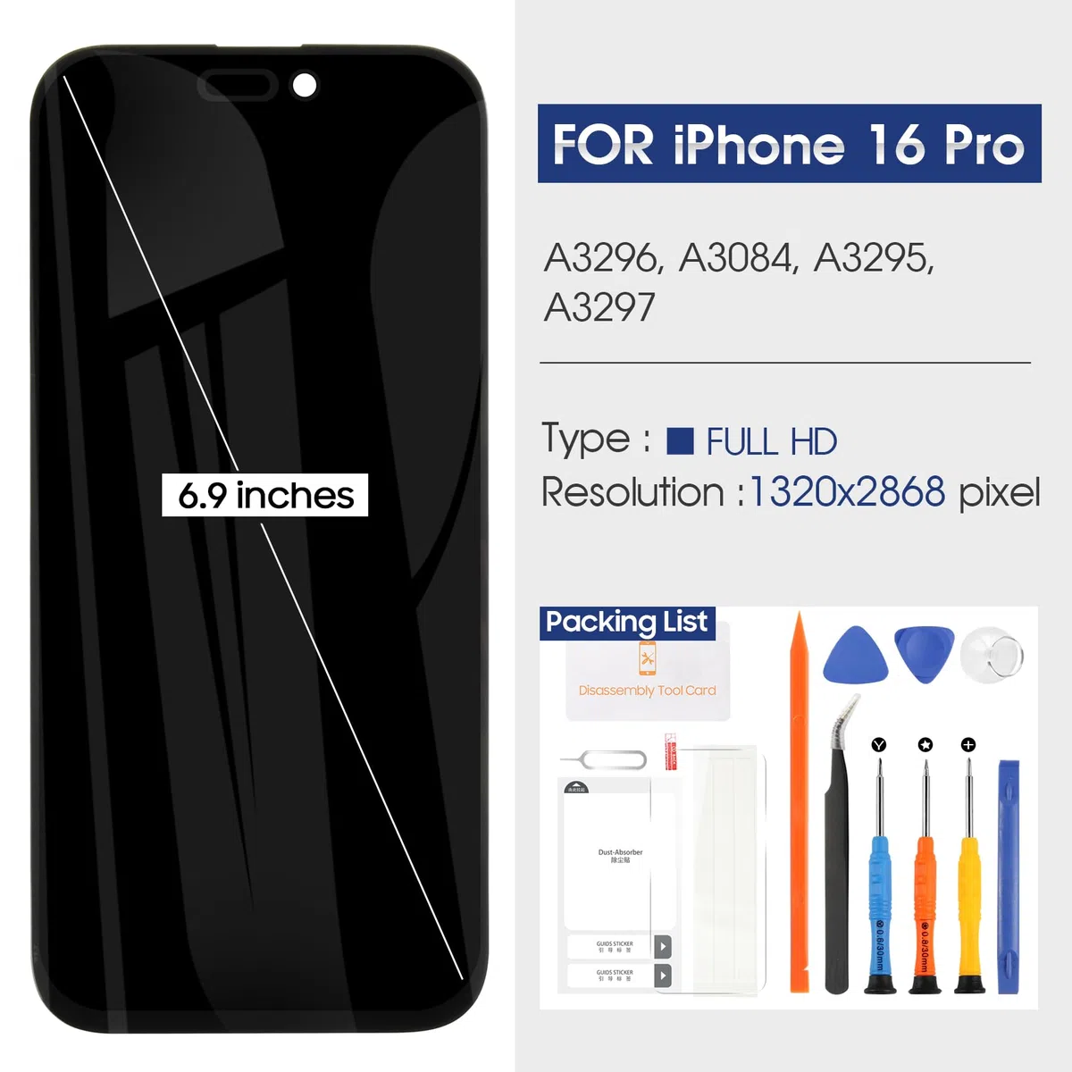 Écran LCD pour iPhone 16 Pro Max LCD Display pour iPhone 16 Pro Max LCD Écran Replacement A3296 A3084 A3295 A3297 Écrantactile Numériseur Assemblé avec Kit de Réparation (Noir,6,9") (16 pro max)