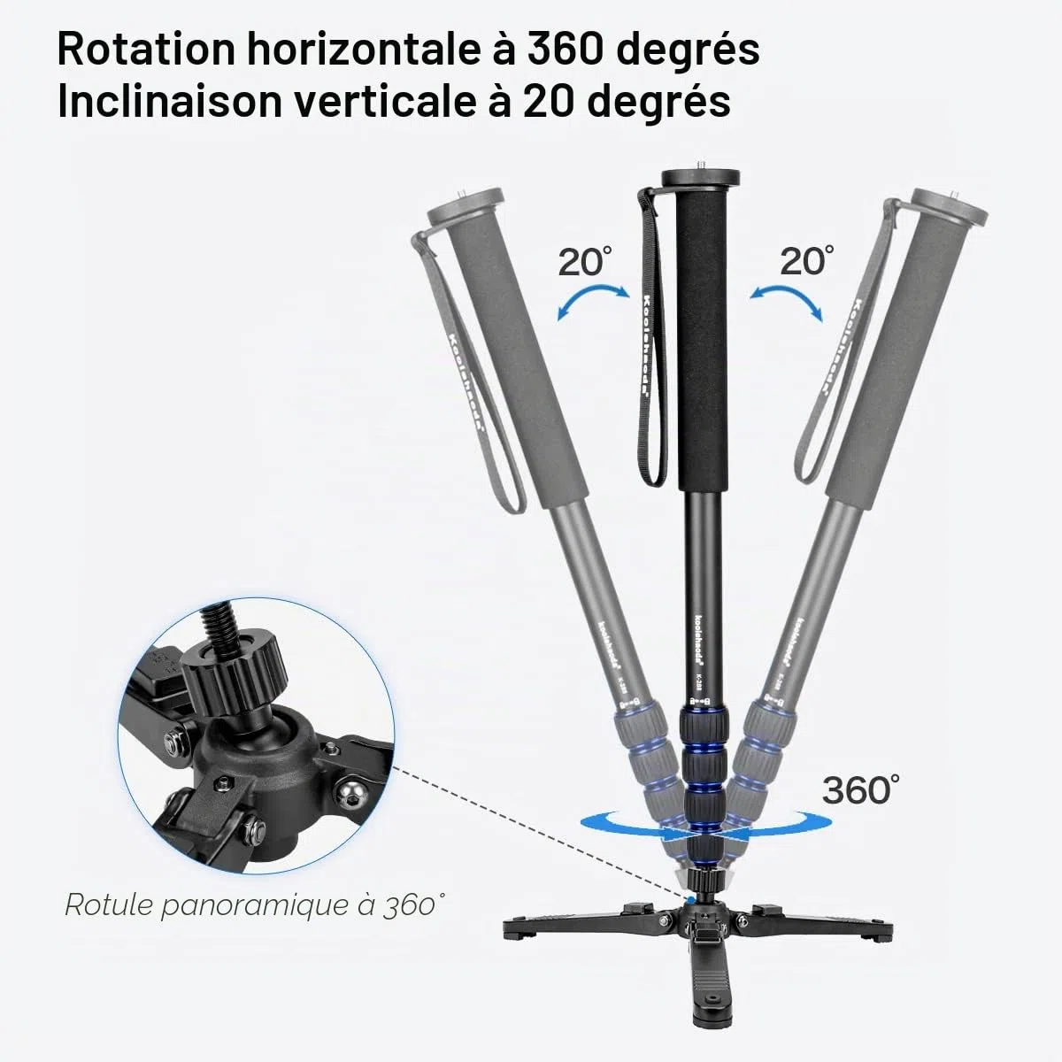 Koolehaoda Monopode Extensible pour Appareil Photo en Alliage d'aluminium avec Base de Support pour trépied, 5 Sections 52 cm-168 cm réglables pour appareils Photo Reflex, Charge utile jusqu'à 7 kg