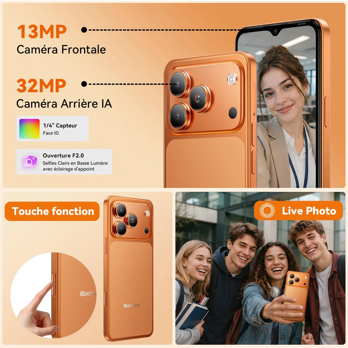 Blackview Wave 7C Android 16 Téléphone Portable 32MP+13MP, 16Go+128Go/2To | 6.56" Smartphone Pas Cher 4G Dual SIM, 5000mAh, Téléphone WiFi 5G/GPS/IP54/3 Card Slots/3.5mm/FM/3Ans Garantie