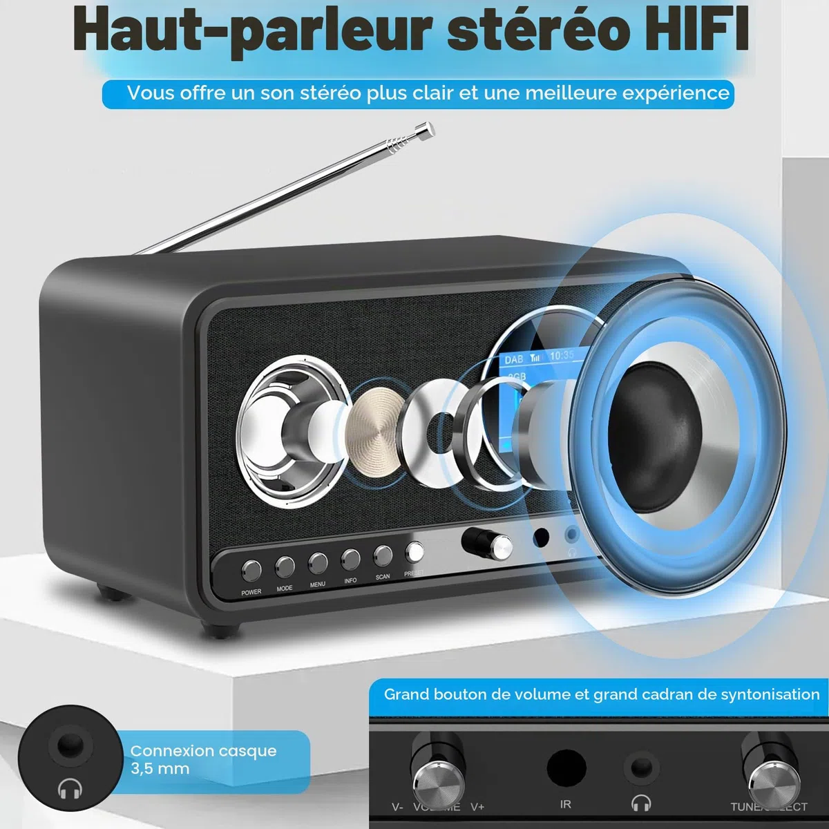 Wholede Radio DAB+/FM avec Bluetooth, radio numérique DAB Plus, radio de cuisine, radio-réveil, avec minuterie de mise en veille, alarme Snooze, USB/Aux-In, noir