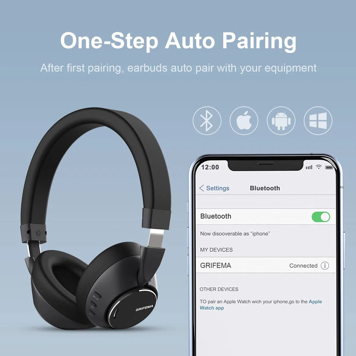 GRIFEMA GH1001, Écouteurs Bluetooth Supra-Auriculaires, Écouteurs sans Fil 5.1, 12-14 Heures de Lecture, Audio Haute Résolution, Basses Lourdes, Suppression du Bruit ANC, Sports de Plein Air, Noir