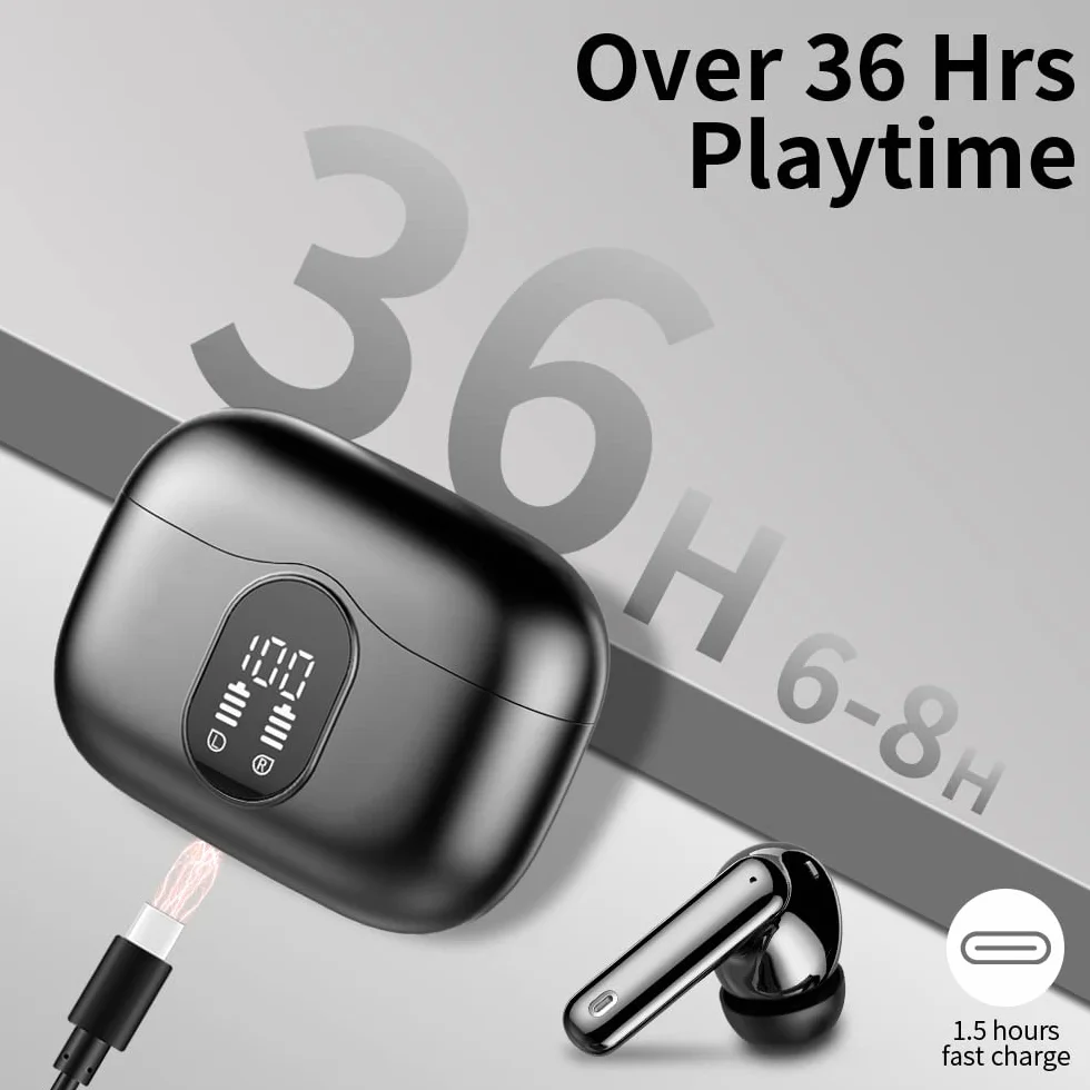 Btootos Écouteurs Bluetooth 5.3 sans Fil avec Réduction Antibruit ENC, Hi-Fi Stéréo, 36 Heures, IP7 Étanche, Écran LED, Contrôle Tactile