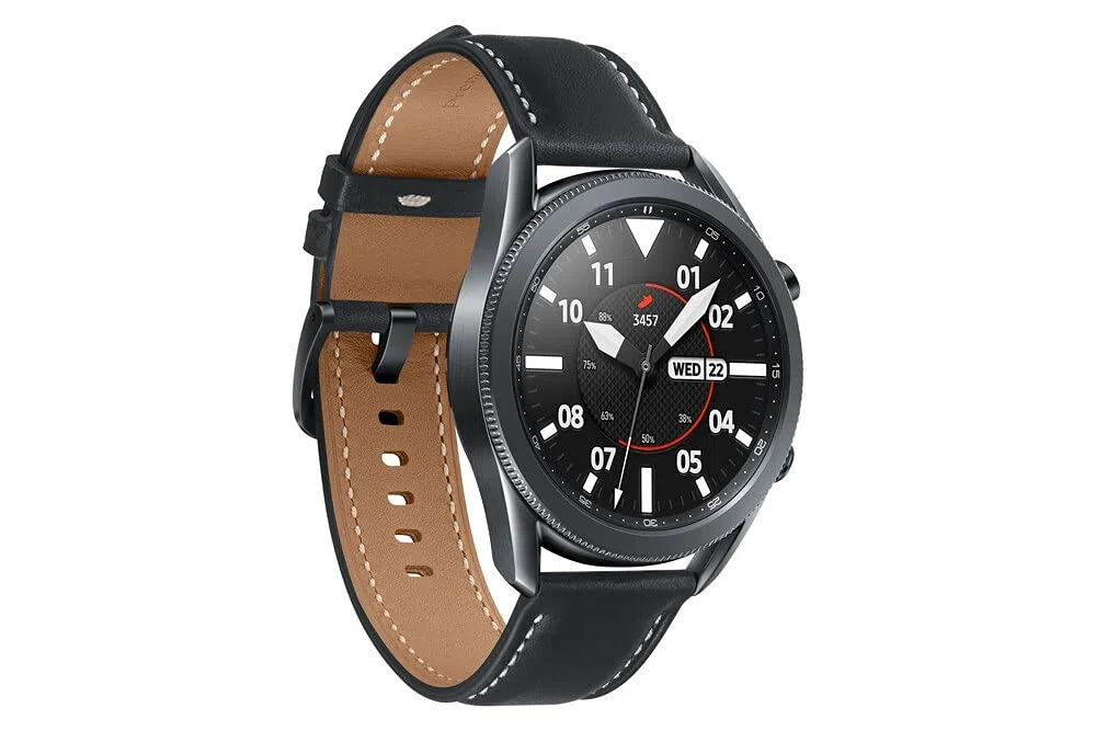 Samsung Galaxy Watch3 Montre connectée Bluetooth, boîtier 45 mm Acier, Bracelet en Cuir, détection de Chute, Suivi du Sport, 53,8 g, Batterie 340 mAh, IP68, Mystic Black Version FR