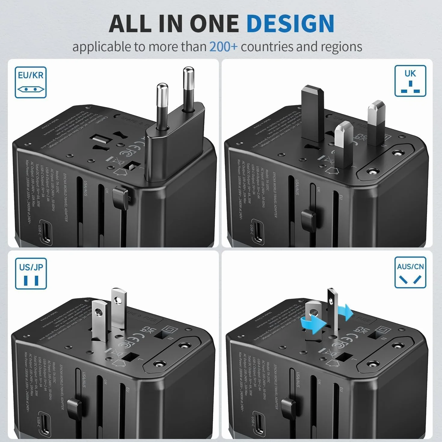 Adaptateur Prise Universelle de Voyage 30W, USB C, International USA Japon Canada UK Francais, Noir