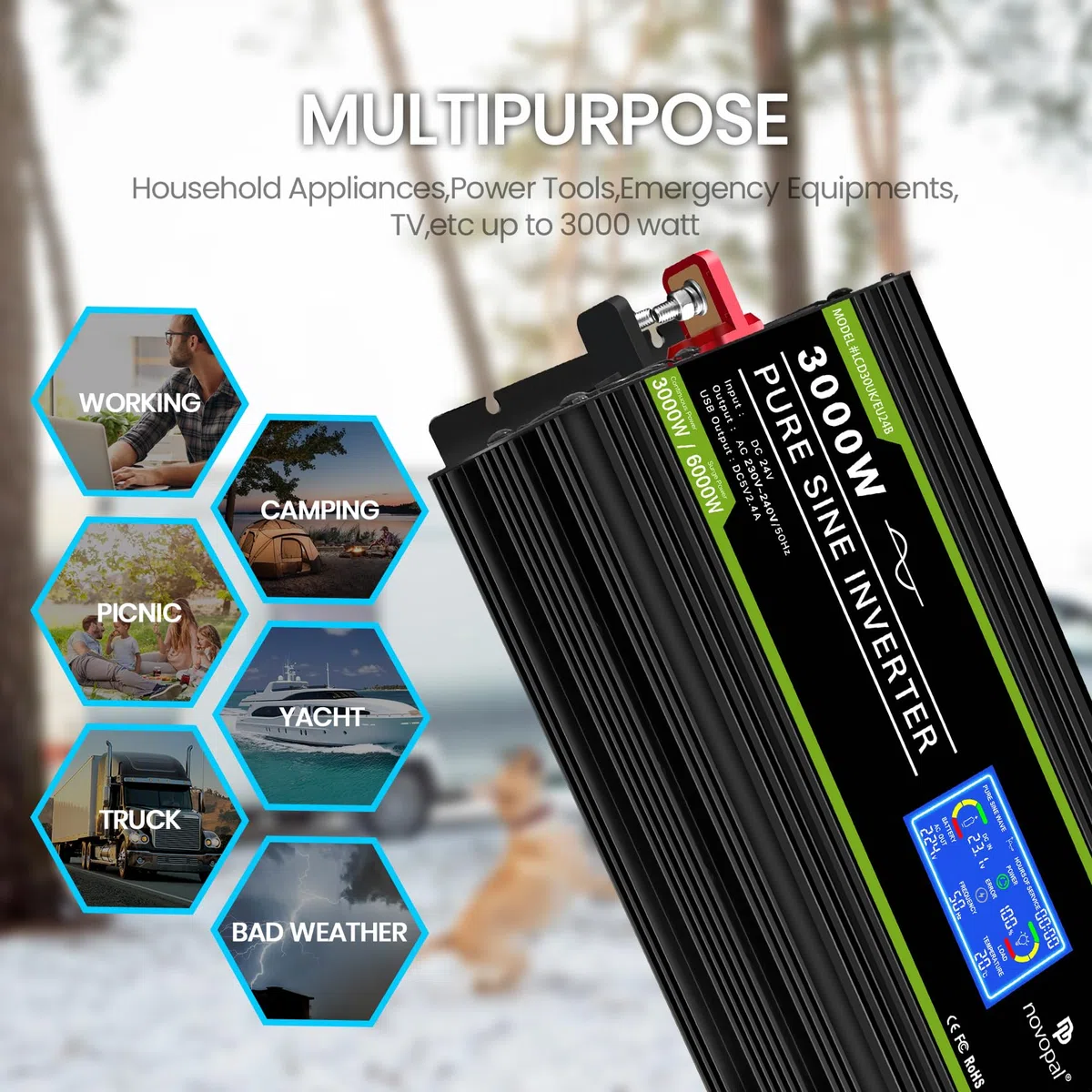 NOVOPAL Convertisseur Pur Sinus 3000W- Onduleur Convertisseur 24V 220V 230V avec télécommande et Dual AC Prises et écran LCD,pour Voiture, Caravane, Bateau, Camping, Voyage
