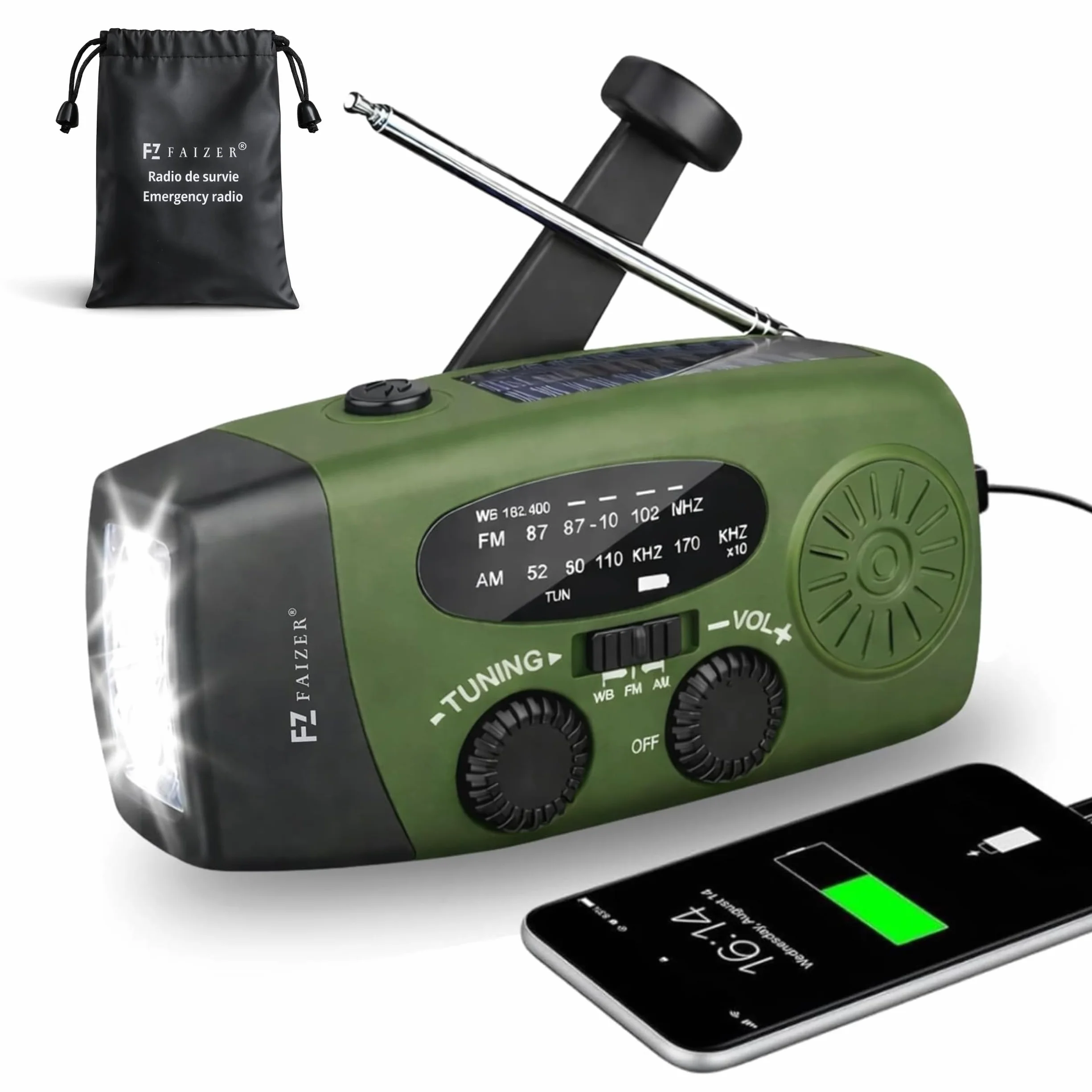 Radio Portable Urgence AM/FM/WB Auto-alimentée 2000mAh Dynamo Lampe SOS Powerbank Camping Randonnée Vert