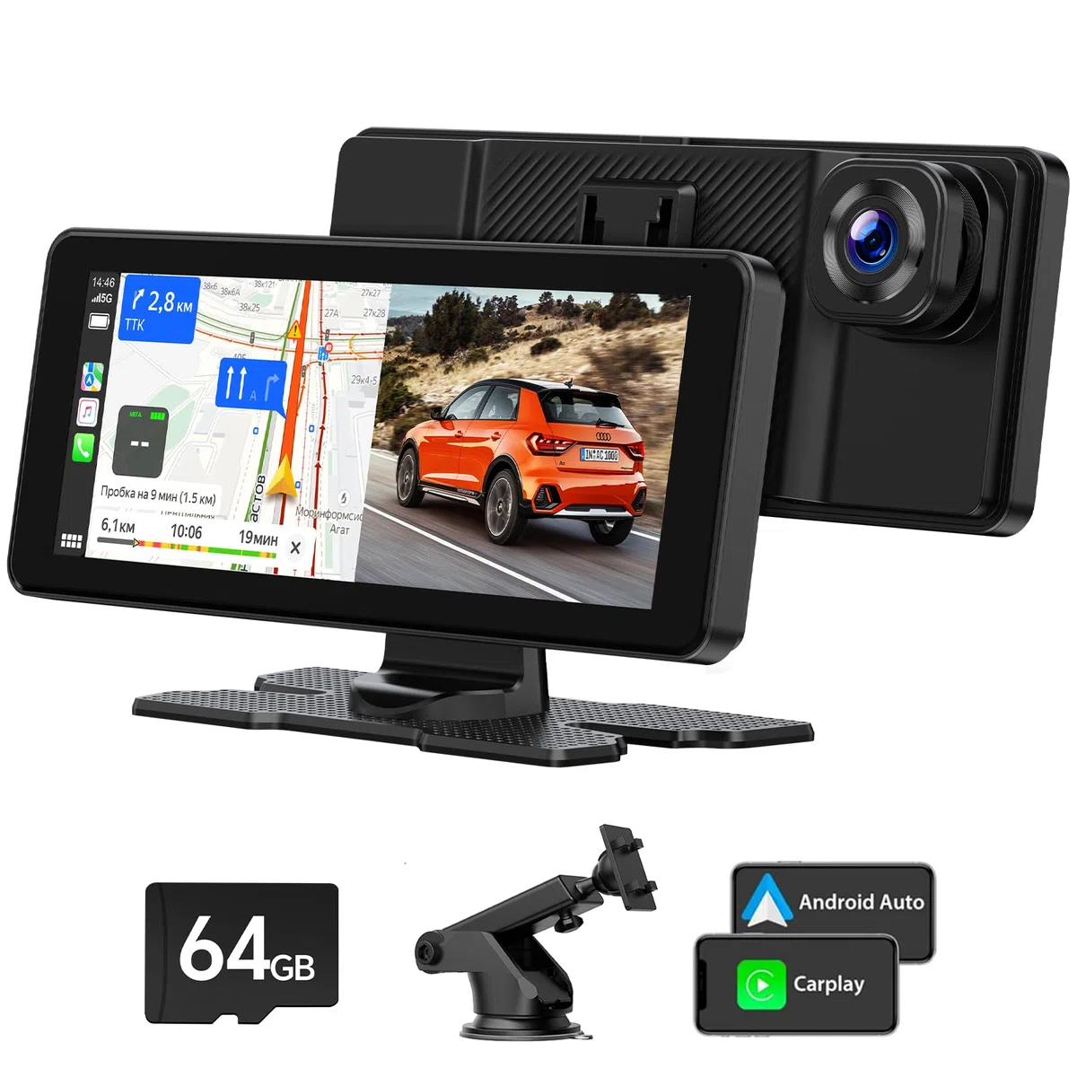 LAMTTO ÉCran CarPlay Voiture sans Fil avec Dashcam 2.5K Carte 64Go Incluse | Autoradio Portable 6,86 Pouces pour A-pple Car Play & Android Auto, Navigation GPS, Commande Vocale, Bluetooth 5.0