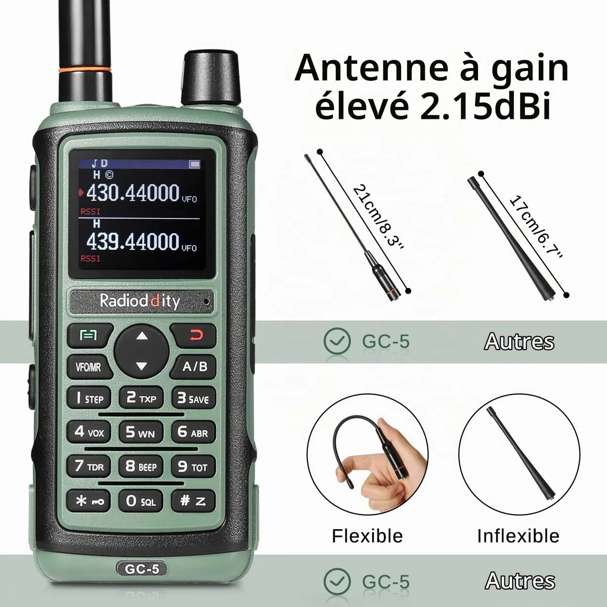 Radioddity GC-5 Radios Bidirectionnelles Double Bande, Talkie Walkie Portable Longue Portée 144-146/430-440 MHz, Radio Licence requise avec Batterie 1800 mAh, 999 canaux, DTMF, VOX, pour Adultes