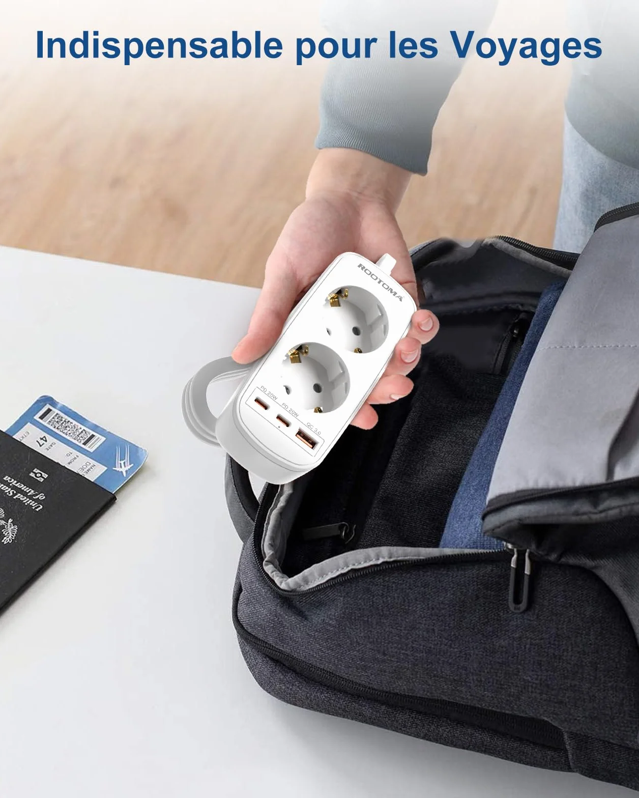 Adaptateur Prise Japon 5 en 1 avec 3 USB PD20W QC3.0 Double Prise Type A 1.5M Câble