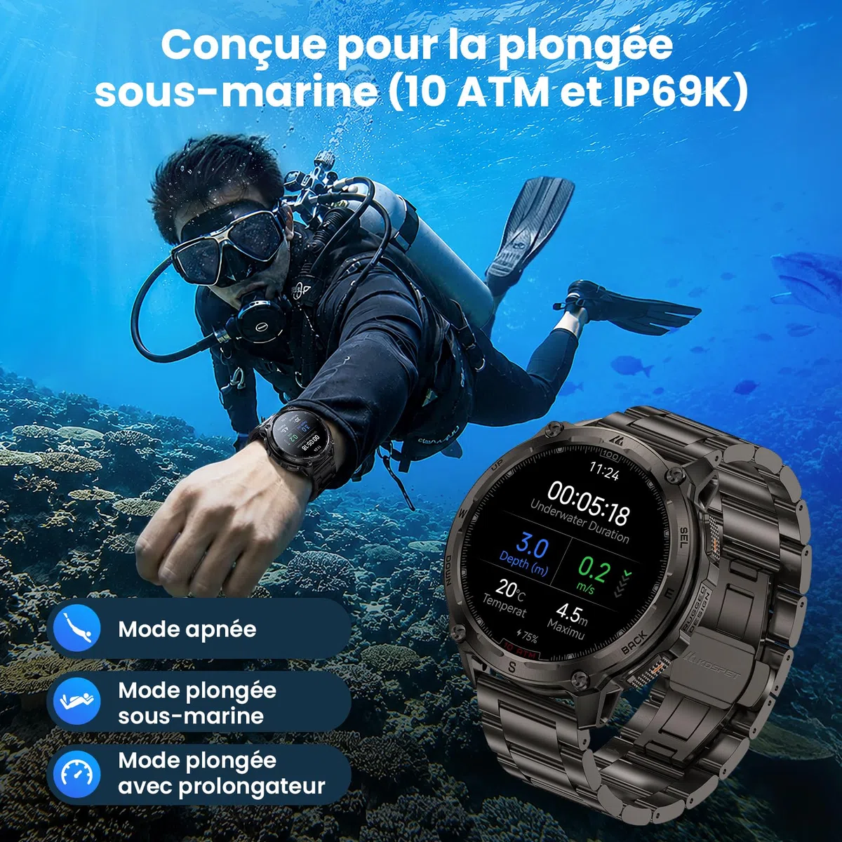 KOSPET Tank T4 Special Edition, Montre Connectée Homme, GPS, Bracelet Acier | Cartes Hors Ligne, Acier Inoxydable, Étanchéité 10 ATM, Plongée 45M, IP69K, Moniteur de Fréquence Cardiaque & Sommeil, AMOLED