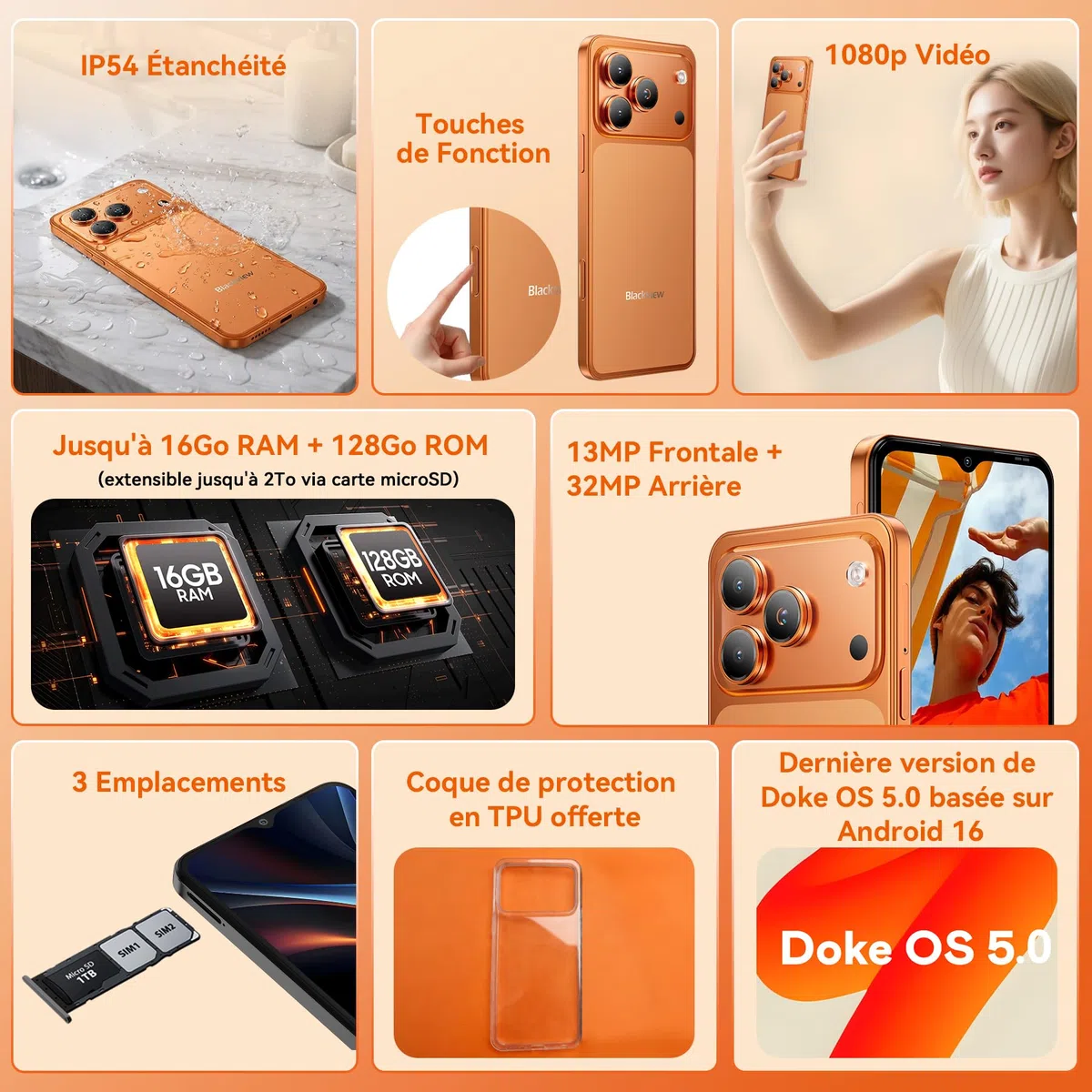 Blackview Wave 7C Android 16 Téléphone Portable 32MP+13MP, 16Go+128Go/2To | 6.56" Smartphone Pas Cher 4G Dual SIM, 5000mAh, Téléphone WiFi 5G/GPS/IP54/3 Card Slots/3.5mm/FM/3Ans Garantie