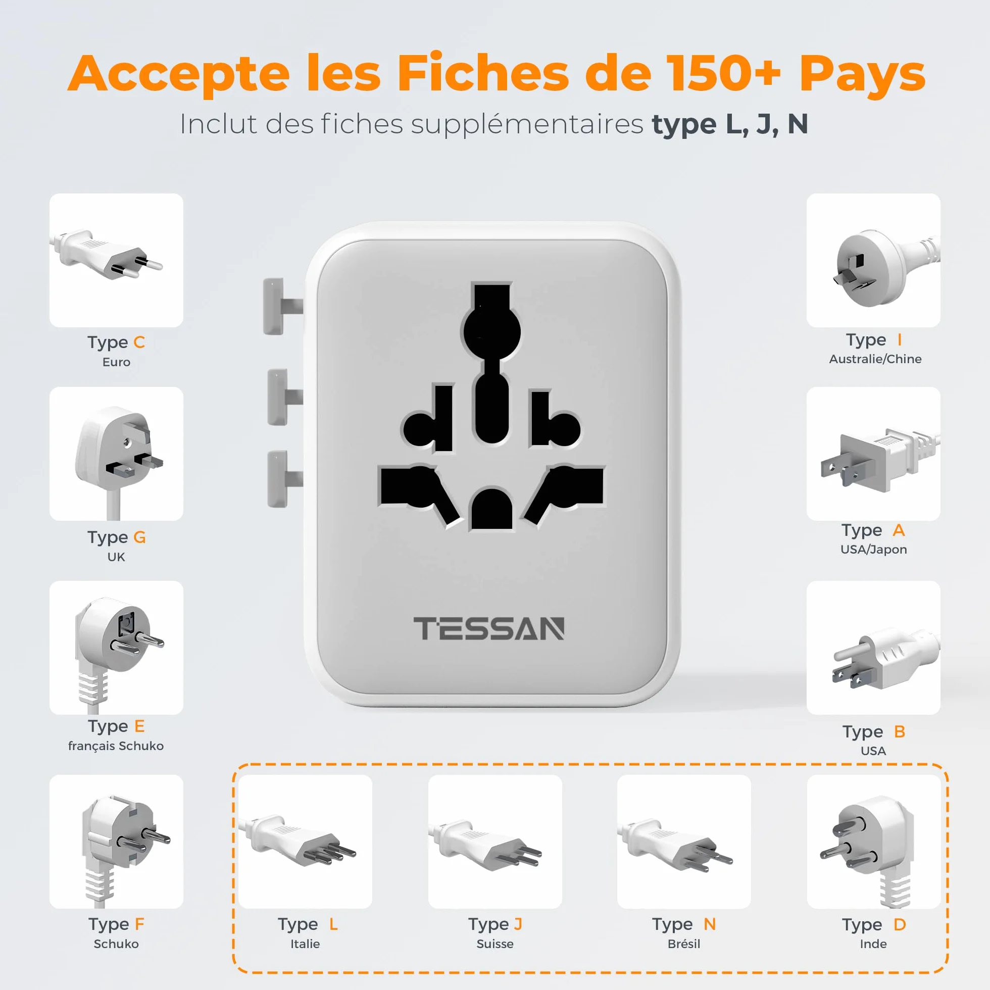TESSAN Adaptateur Prise Universelle Voyage 5 USB 28W International France vers USA Angleterre Thaïlande Japon Australie Chine
