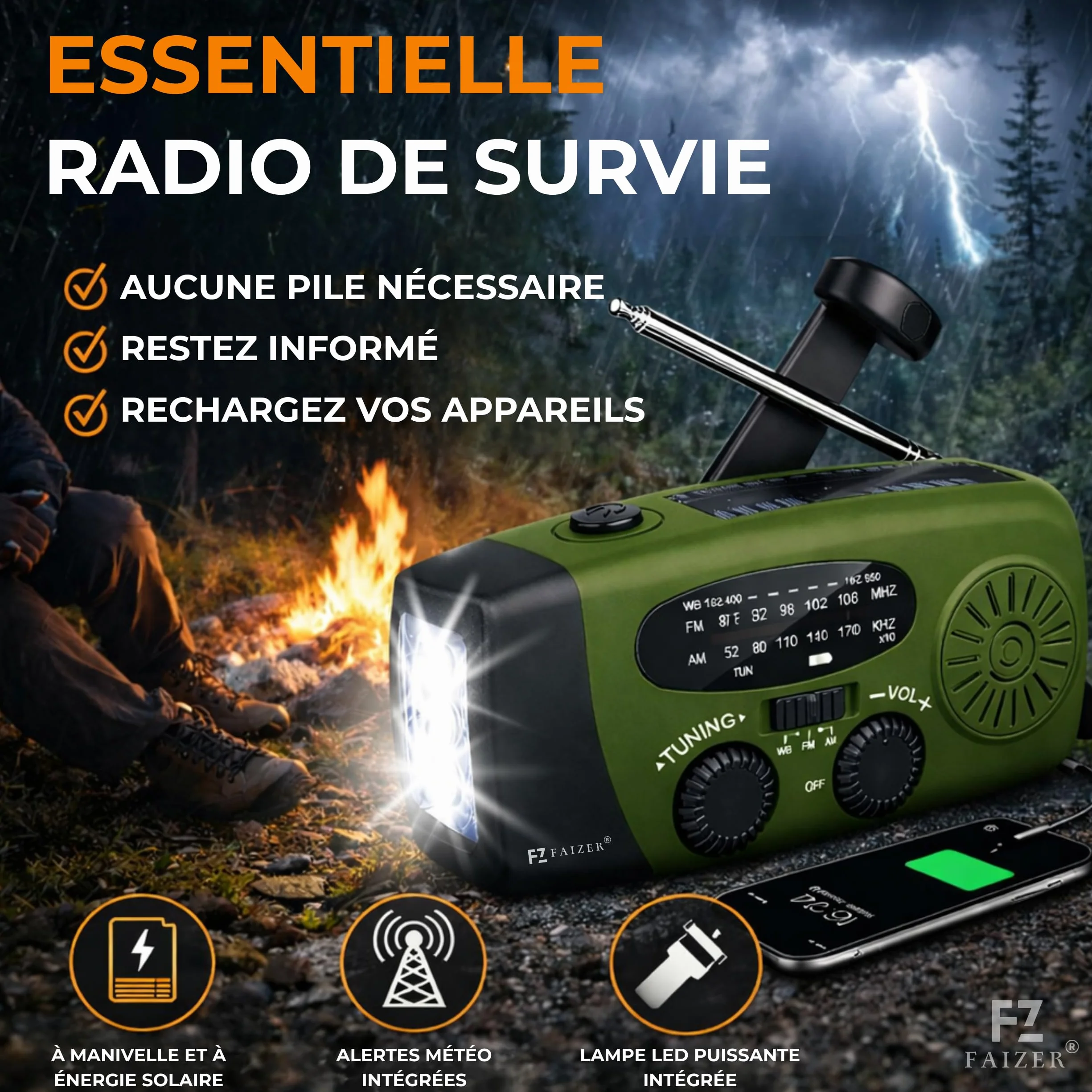 Radio Portable Urgence AM/FM/WB Auto-alimentée 2000mAh Dynamo Lampe SOS Powerbank Camping Randonnée Vert