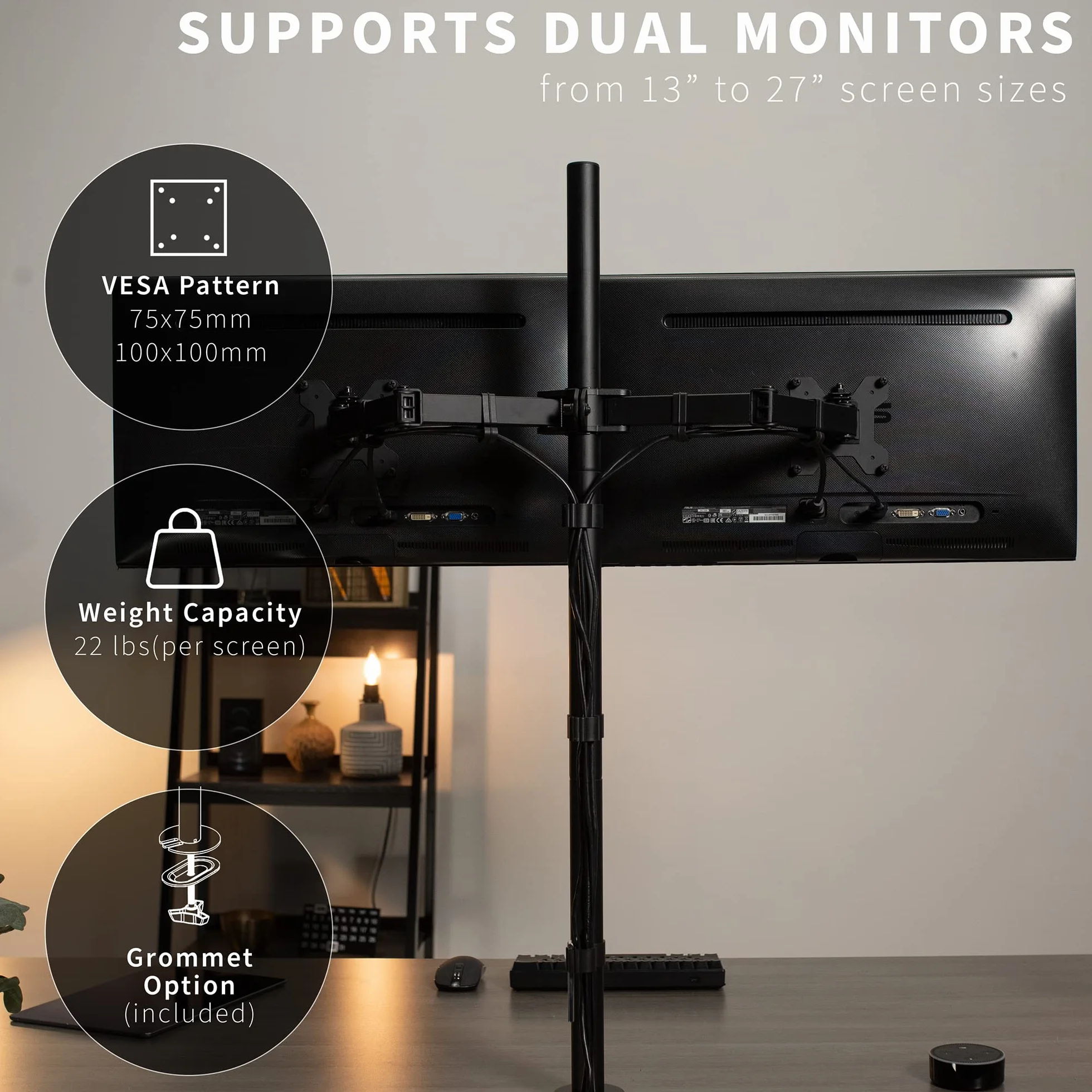 Vivo STAND-V012 Support de Bureau pour Double écran Extra Haut de 99,1 cm, entièrement réglable pour écrans jusqu'à 27", Noir